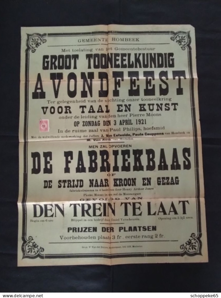 Hombeek Mechelen 1921 Unieke Affiche Toneel Voorstelling De Fabriekbaas / Den Trein Te Laat - Posters