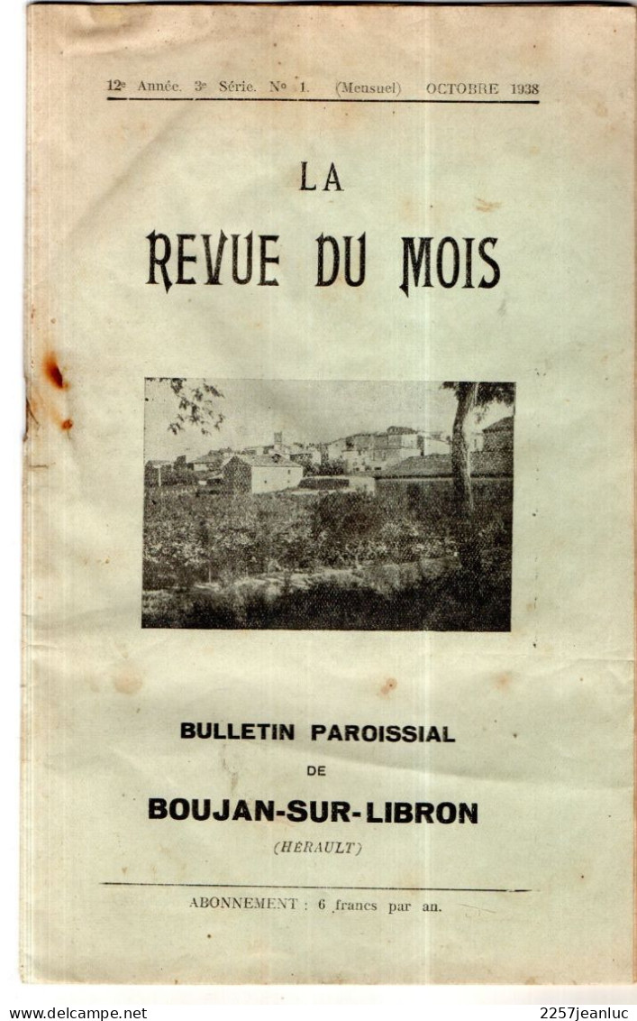 Bulletin  Paroissial De Boujan Sur Libron  De Octobre 1938 .n 1 De 16 Pages - Documenti Storici
