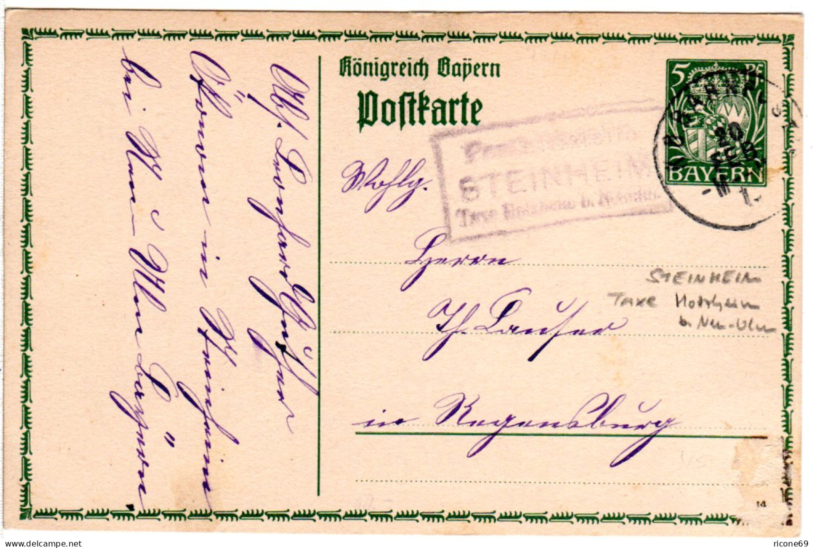 Bayern 1915, Posthilfstelle STEINHEIM Taxe Holzheim Auf 5 Pf. Ganzsache  - Lettres & Documents