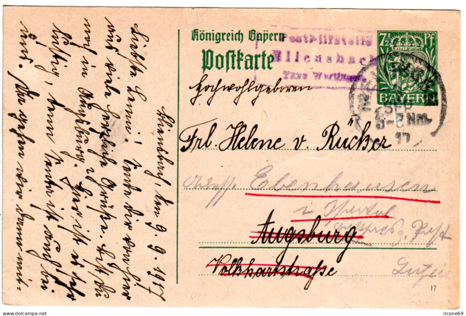 Bayern 1917, Posthilfstelle BLIENSBACH Taxe Wertingen Auf 5 Pf. Ganzsache  - Covers & Documents