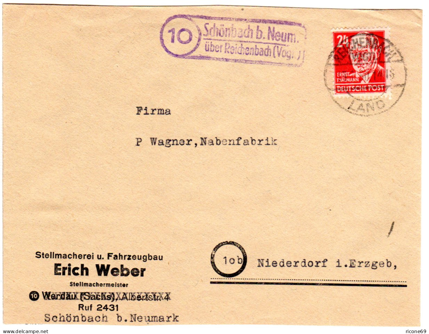 SBZ 1950, Landpost Stpl. 10 SCHOENBACH über Reichenbach Auf Brief M. 24 Pf. - Otros & Sin Clasificación