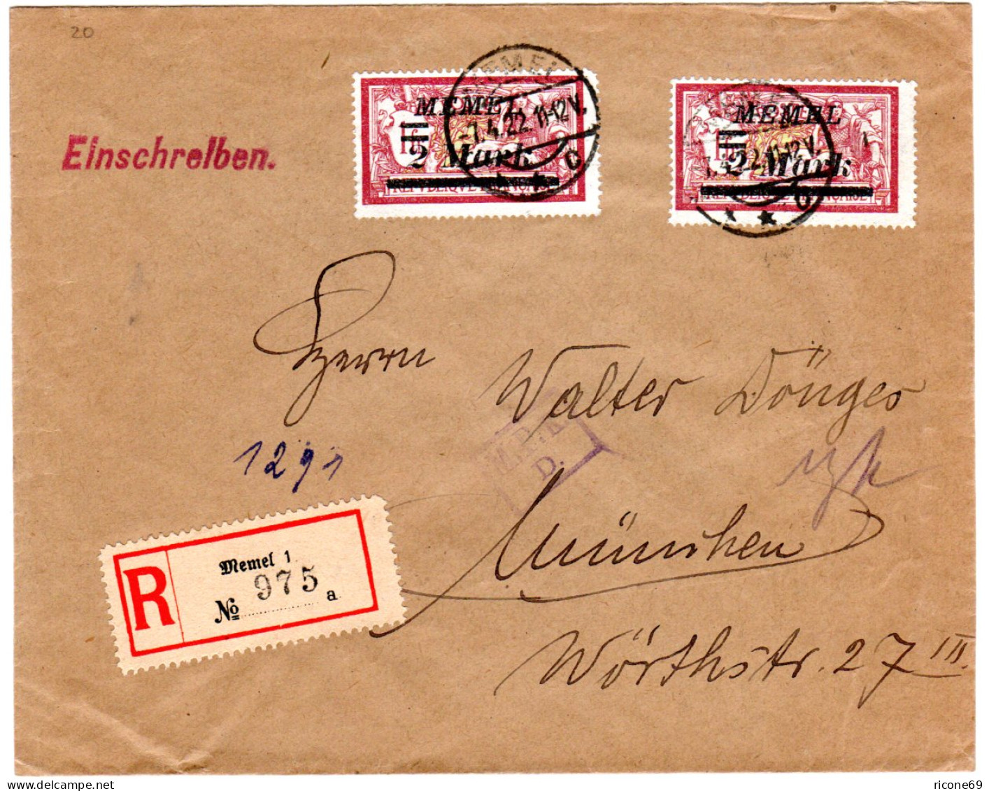 Memel 1922, MeF 2x2 Mk./1 Fr. Auf Einschreiben Brief M. Zensur N. München  - Andere & Zonder Classificatie