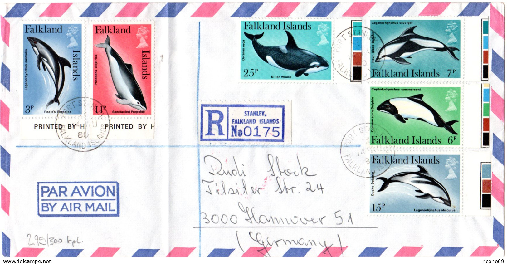 Falkland Inseln 1980, 6 Werte Delphine, Kpl. Satz Auf Reko Brief N. Deutschland - Falkland