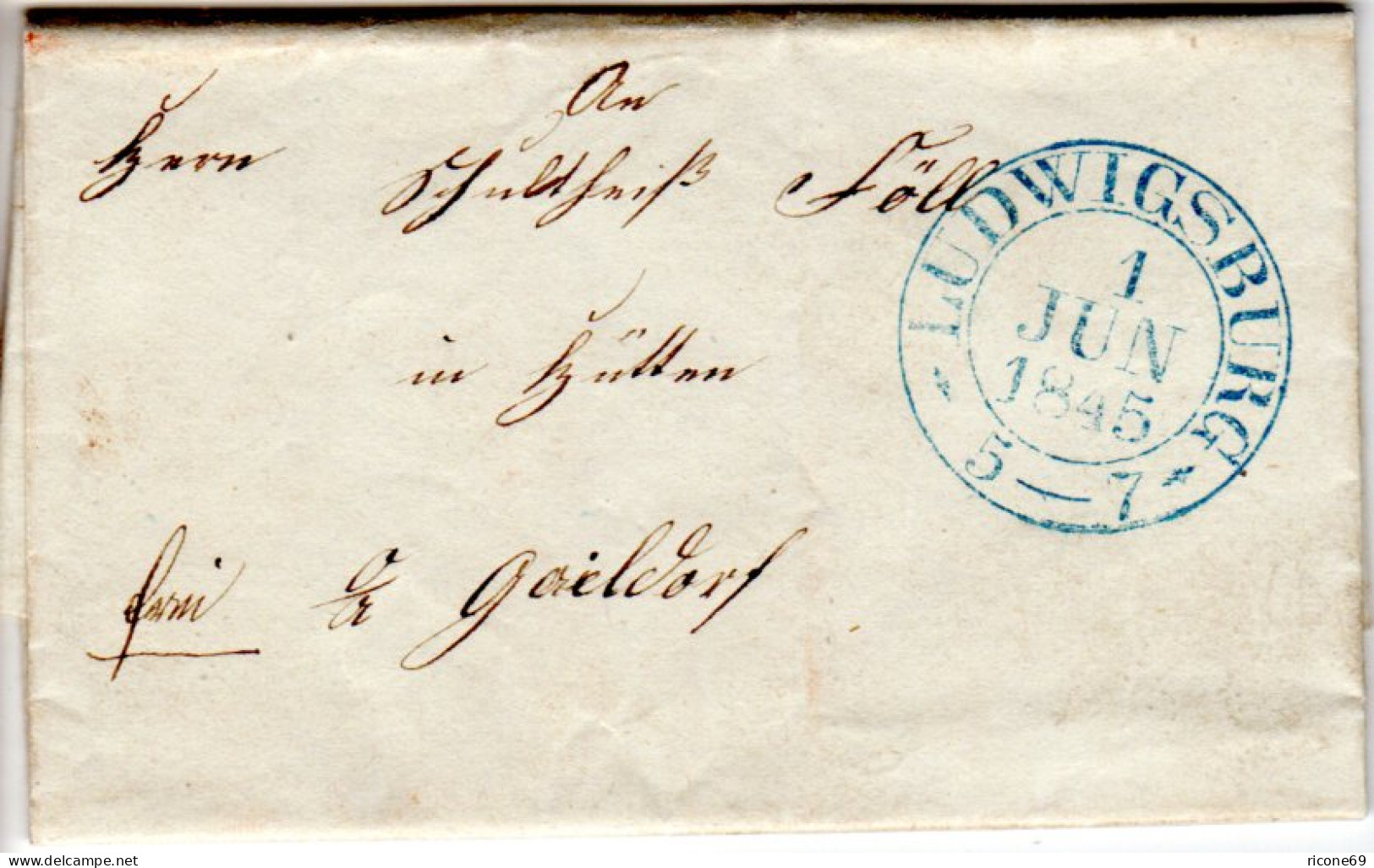 Württemberg 1845, K2 Ludwigsburg In Blau Auf Franko Brief N. Hütten OA Gaildorf - Préphilatélie