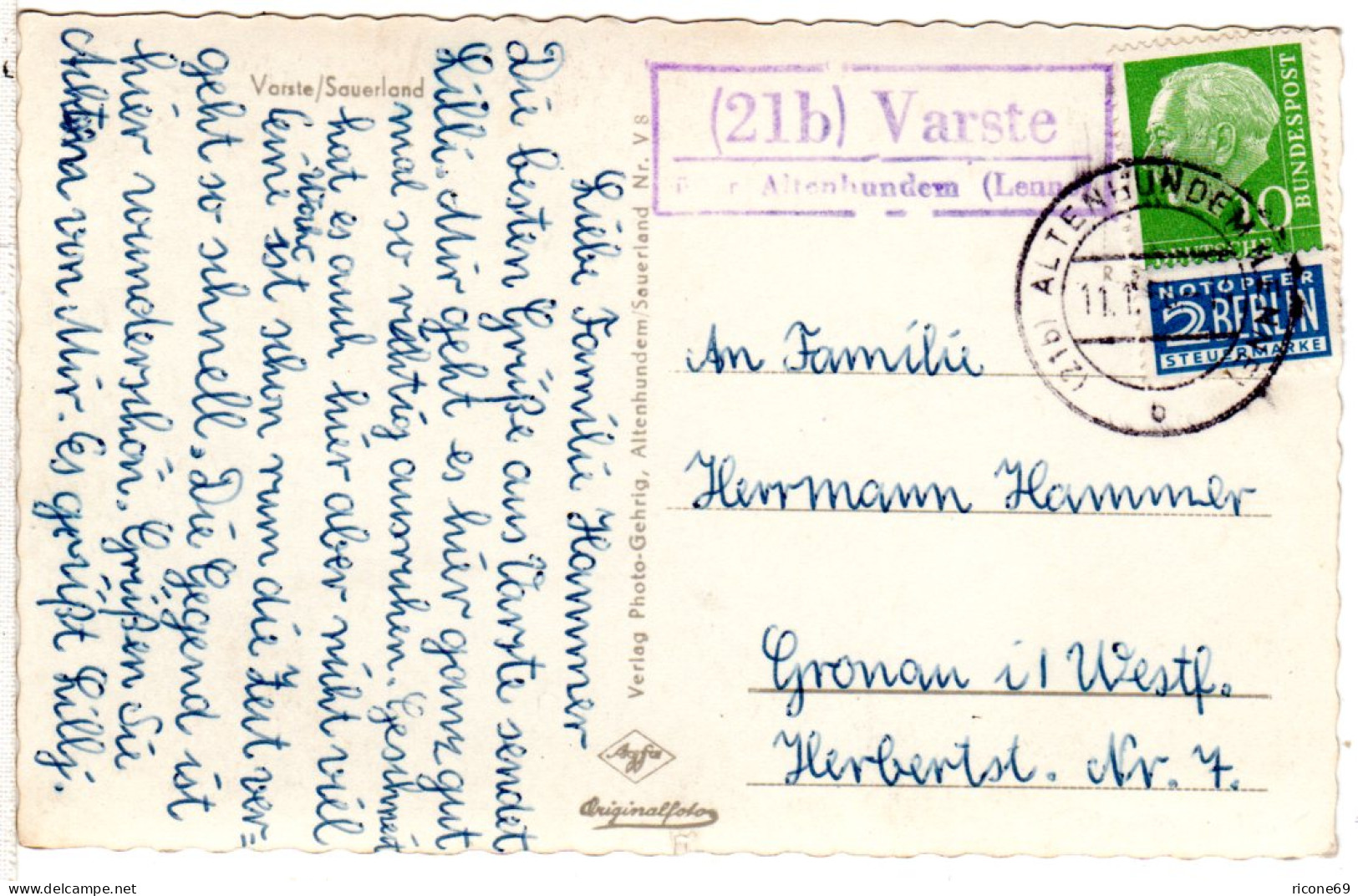 BRD 1955, Landpost Stempel 21b VARSTE über Altenhudem Auf Sw-AK M. 10 Pf. - Otros & Sin Clasificación