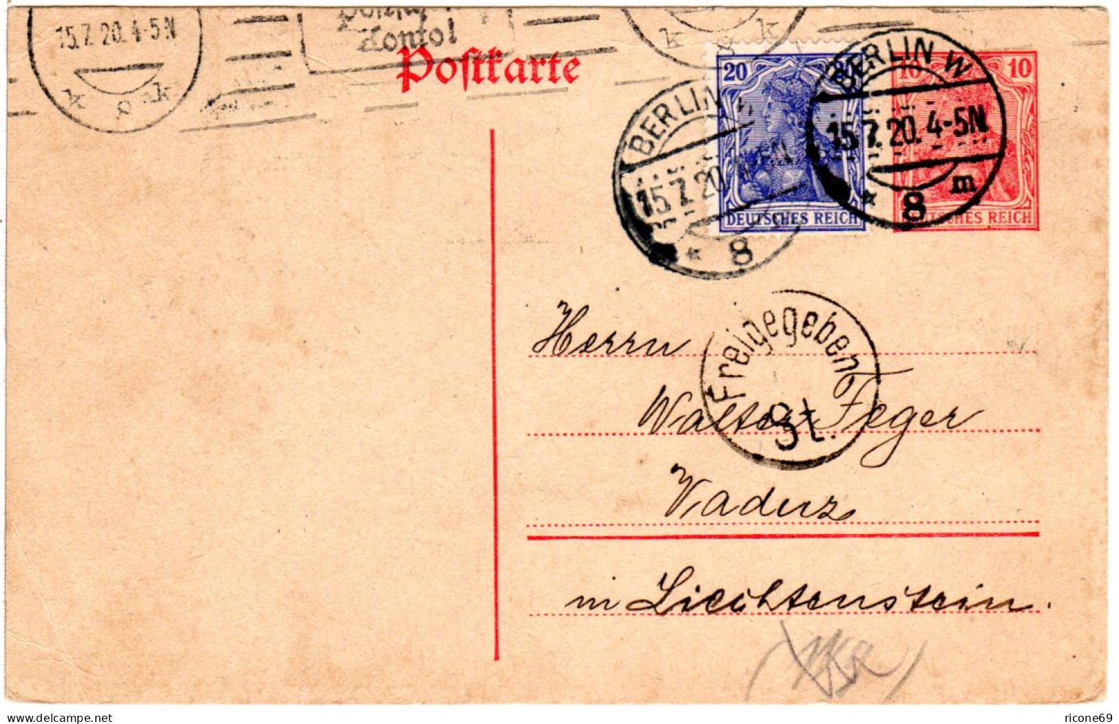 DR 1920, 20 Pf. Auf 10 Pf. Ganzsache M. Zensur V. Berlin N. Vaduz Liechtenstein - Covers & Documents