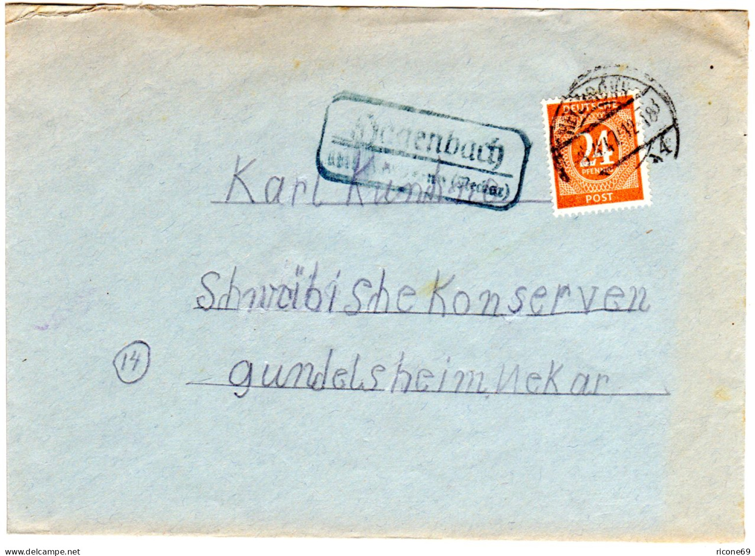 1947, Landpost Stpl. HAGENBACH über Heilbronn Auf Brief M. 24 Pf. - Covers & Documents