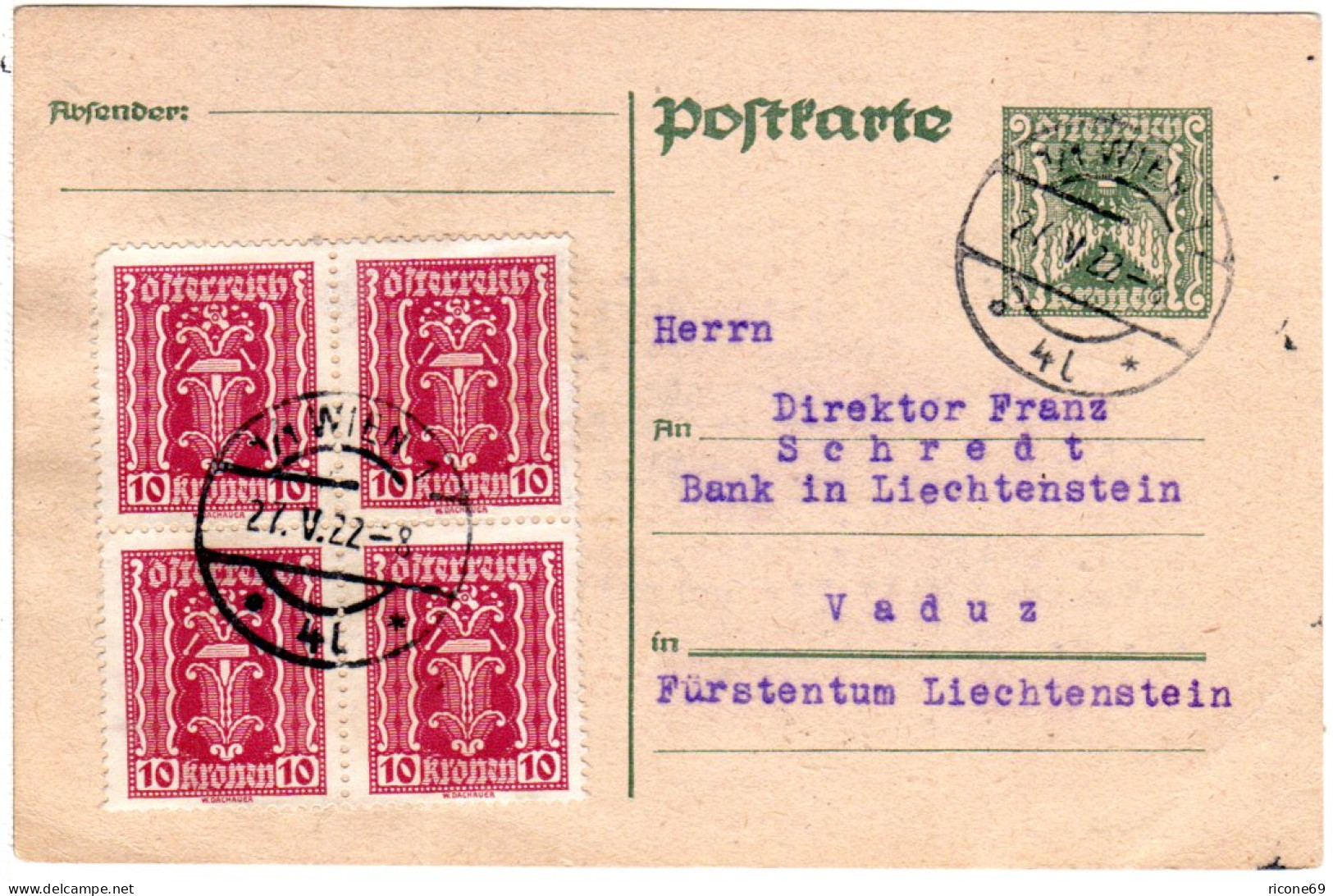 Österreich 1922, 4er-Block 10 Kr. Auf 5 Kr. Ganzsache V. Wien N. Liechtenstein - Cartas & Documentos