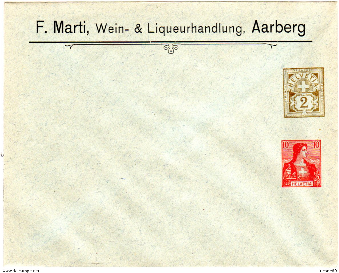 Schweiz, 2+10 C. Privatganzsachenumschlag F. Marti, Wein & Liqueur, Aarberg - Briefe U. Dokumente