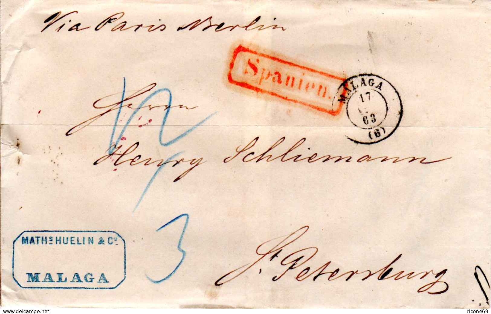 Spanien 1863, Brief V. Malaga M. Rotem Transit-R1 N. St. Petersburg, Russland - Briefe U. Dokumente