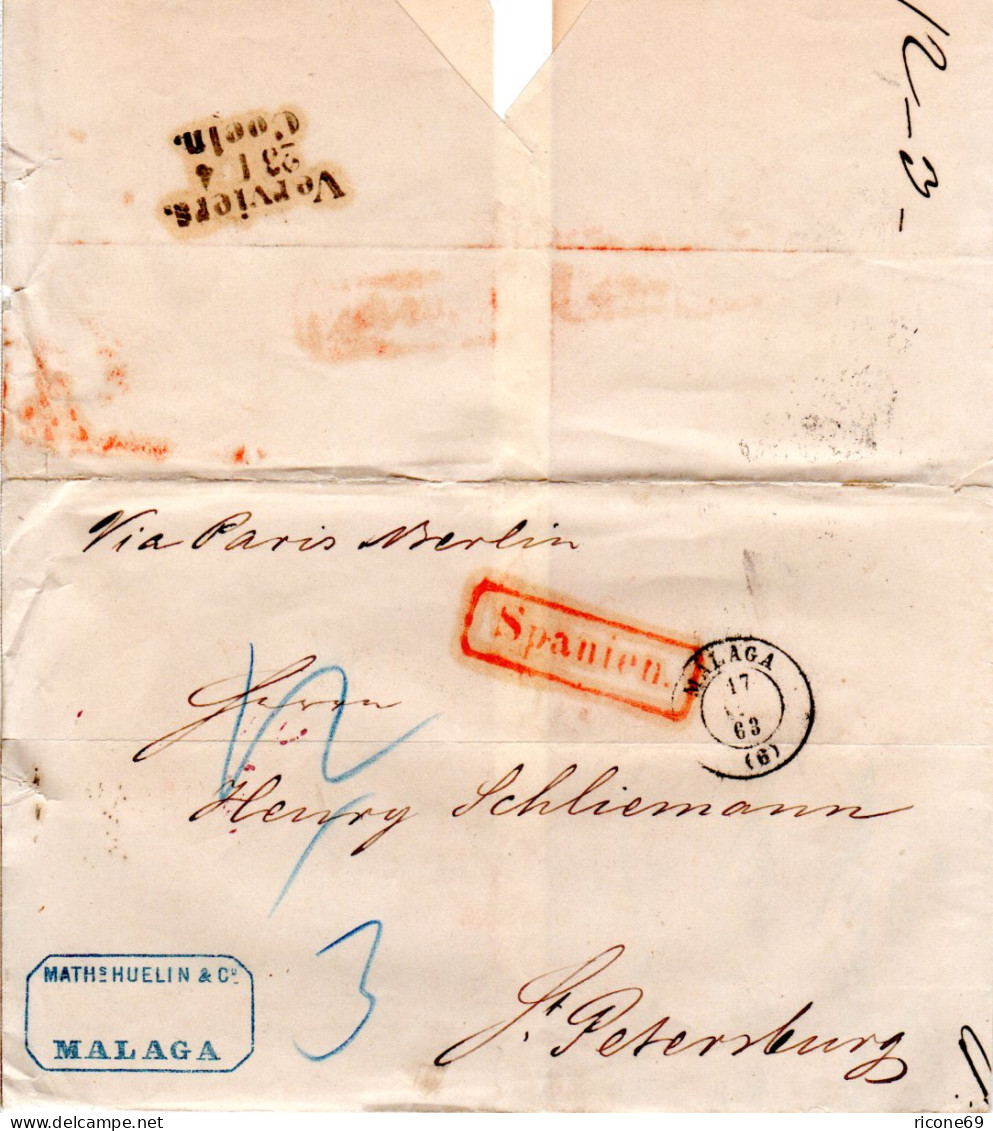 Spanien 1863, Brief V. Malaga M. Rotem Transit-R1 N. St. Petersburg, Russland - Covers & Documents