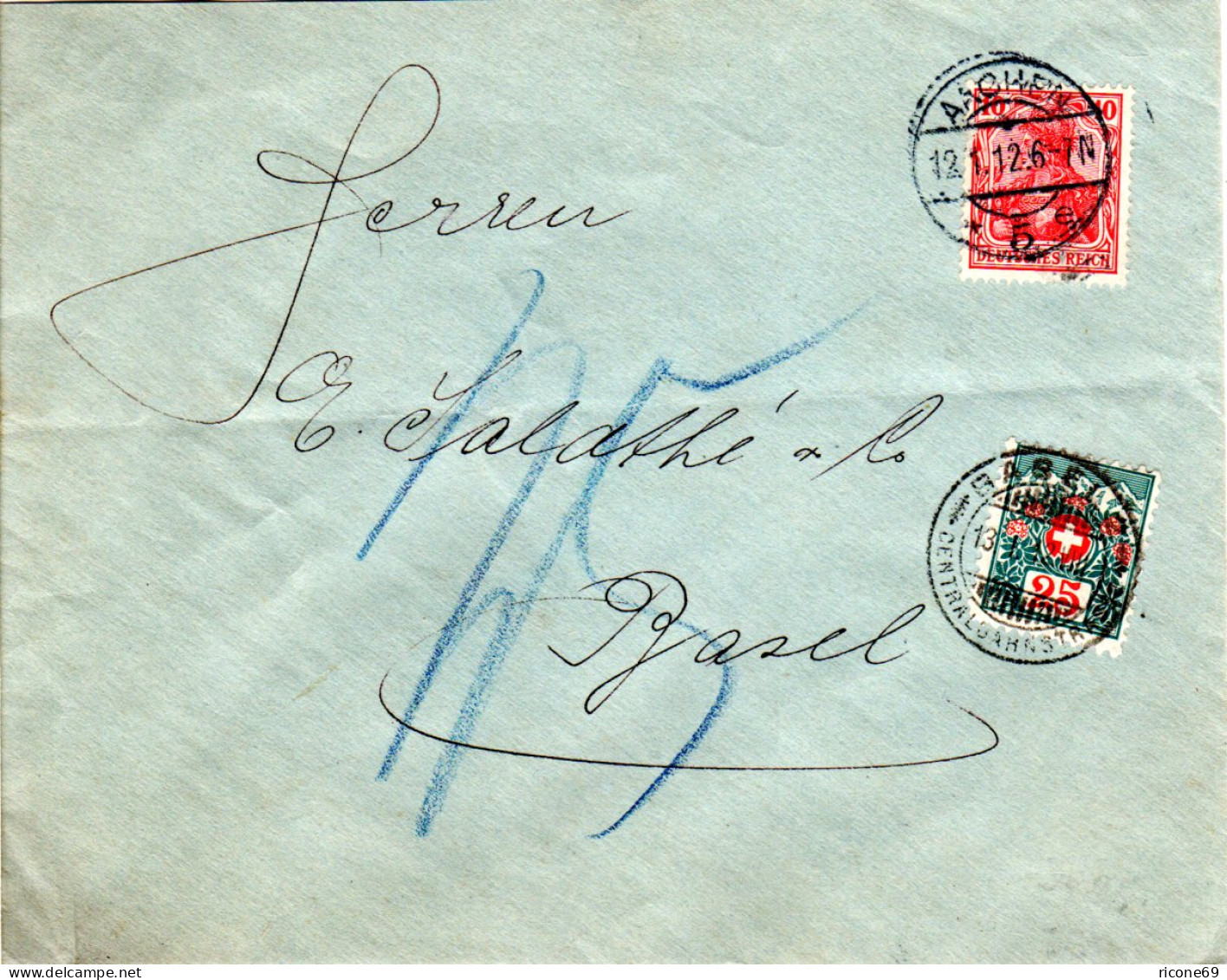 DR 1912, 10 Pf. Germania Auf Brief V. Aachen M. Schweiz 25 C. Portomarke - Briefe U. Dokumente