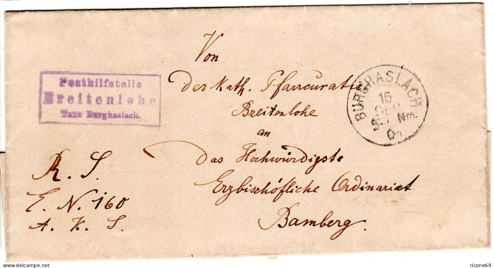 Bayern 1901, Posthilfstelle BREITENLOHE Taxe Burghaslach Auf Portofreiem Brief - Cartas & Documentos