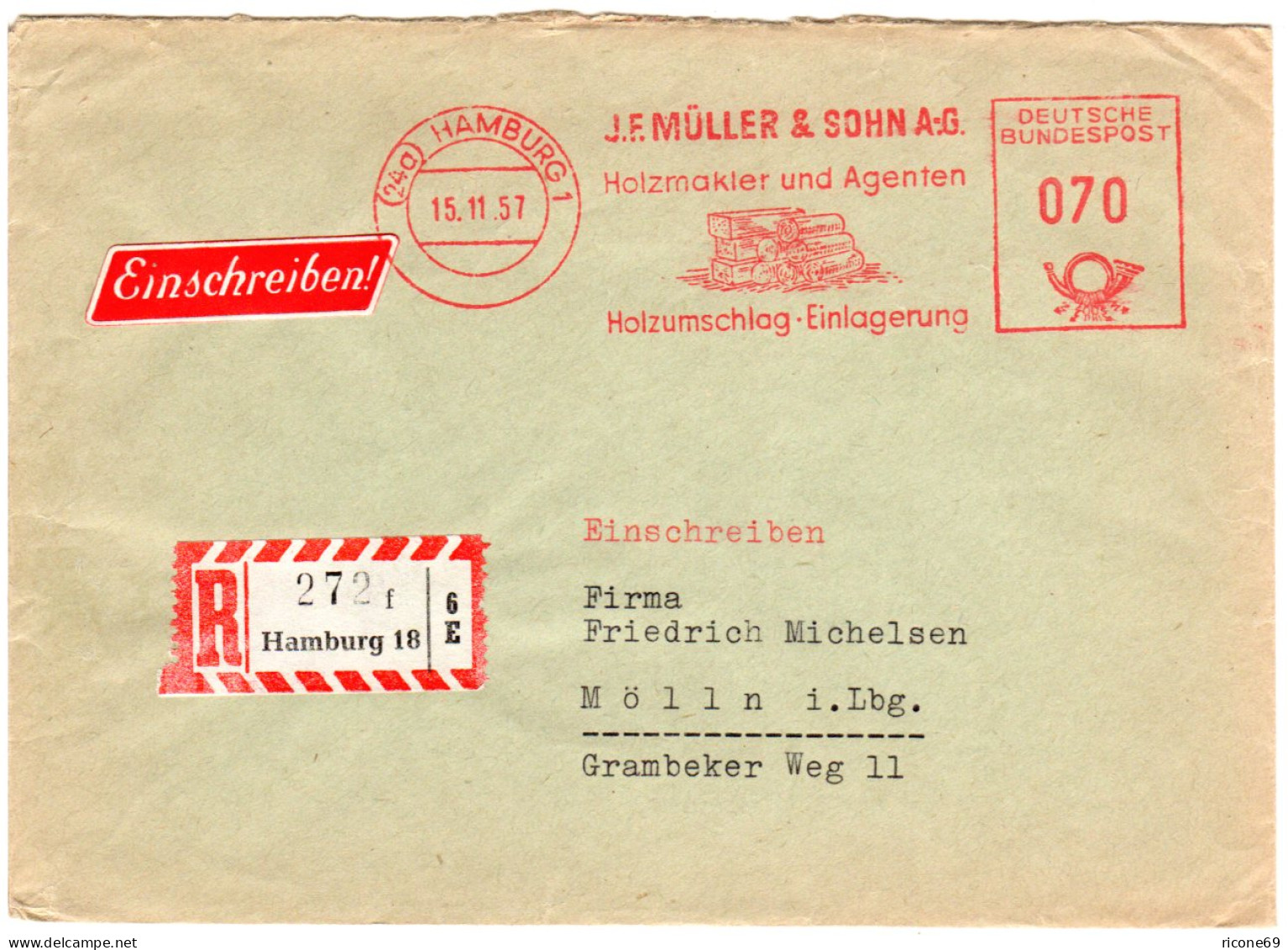 BRD 1957,  Werbe-Freistpl. Holzmakler Müller & Sohn Auf Reko Brief V. Hamburg - Brieven En Documenten