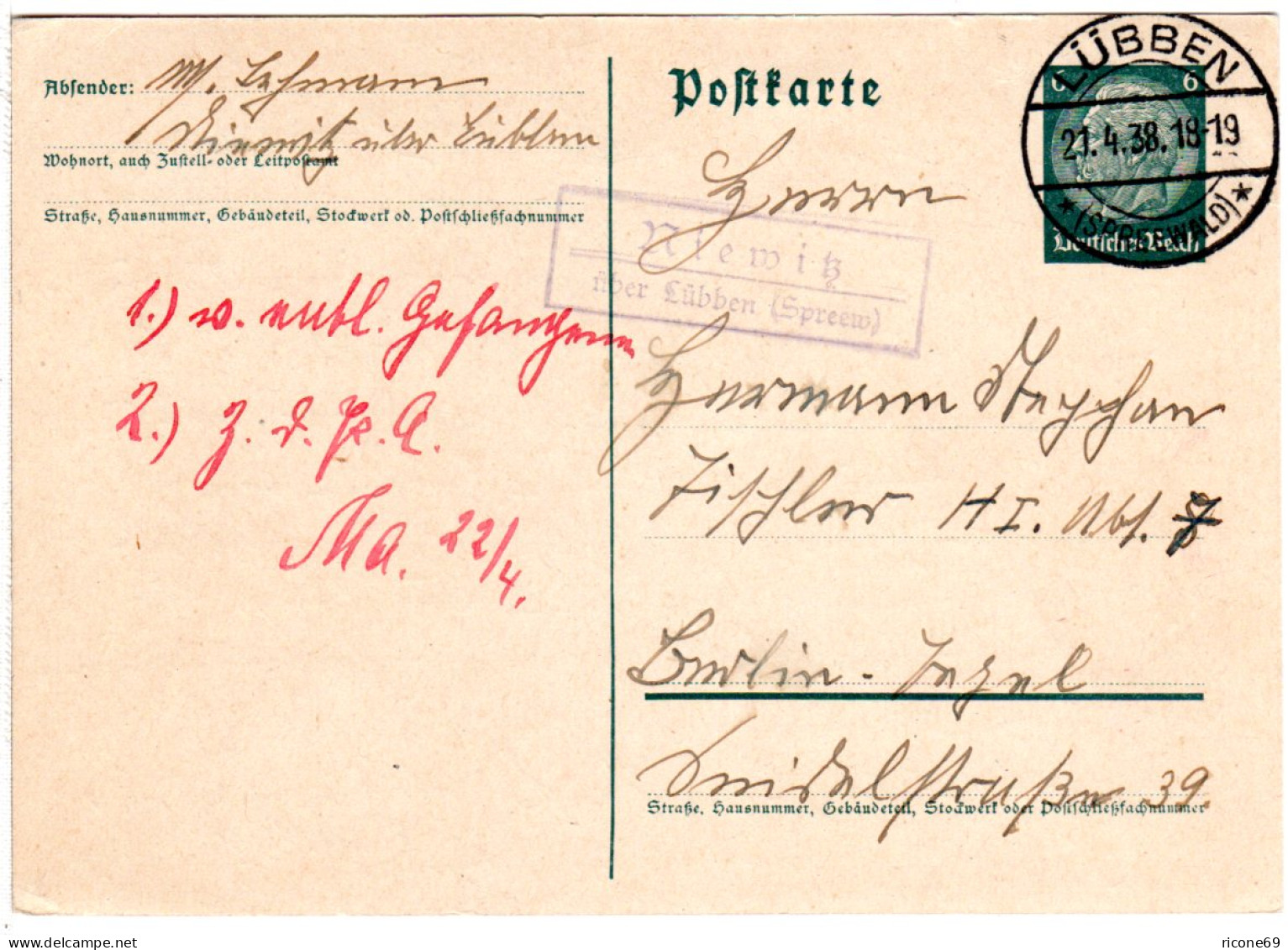 DR 1938, Landpost Stpl. NIEWITZ über Lübben Auf Karte M. 6 Pf.  - Lettres & Documents