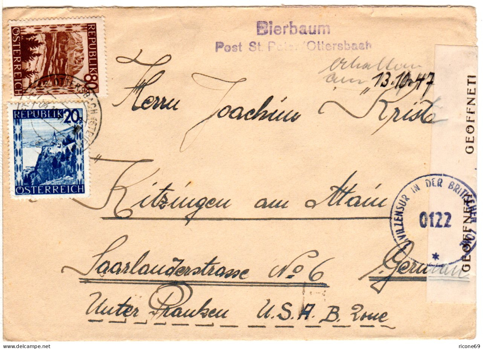 Österreich 1947, 20+80 G. Auf Brief M. L2 BIERBAUM Post St. Peter/Ottersbach - Covers & Documents