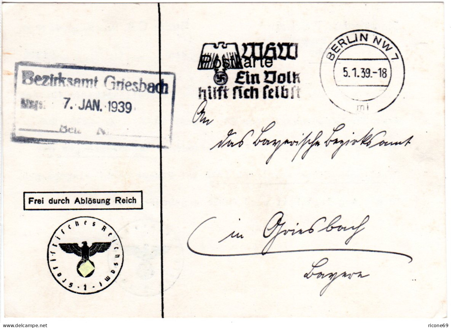 DR 1939, Frei Durch Ablösung Reich Auf Karte V. Berlin. Hoheitszeichen Abgedeckt - Lettres & Documents