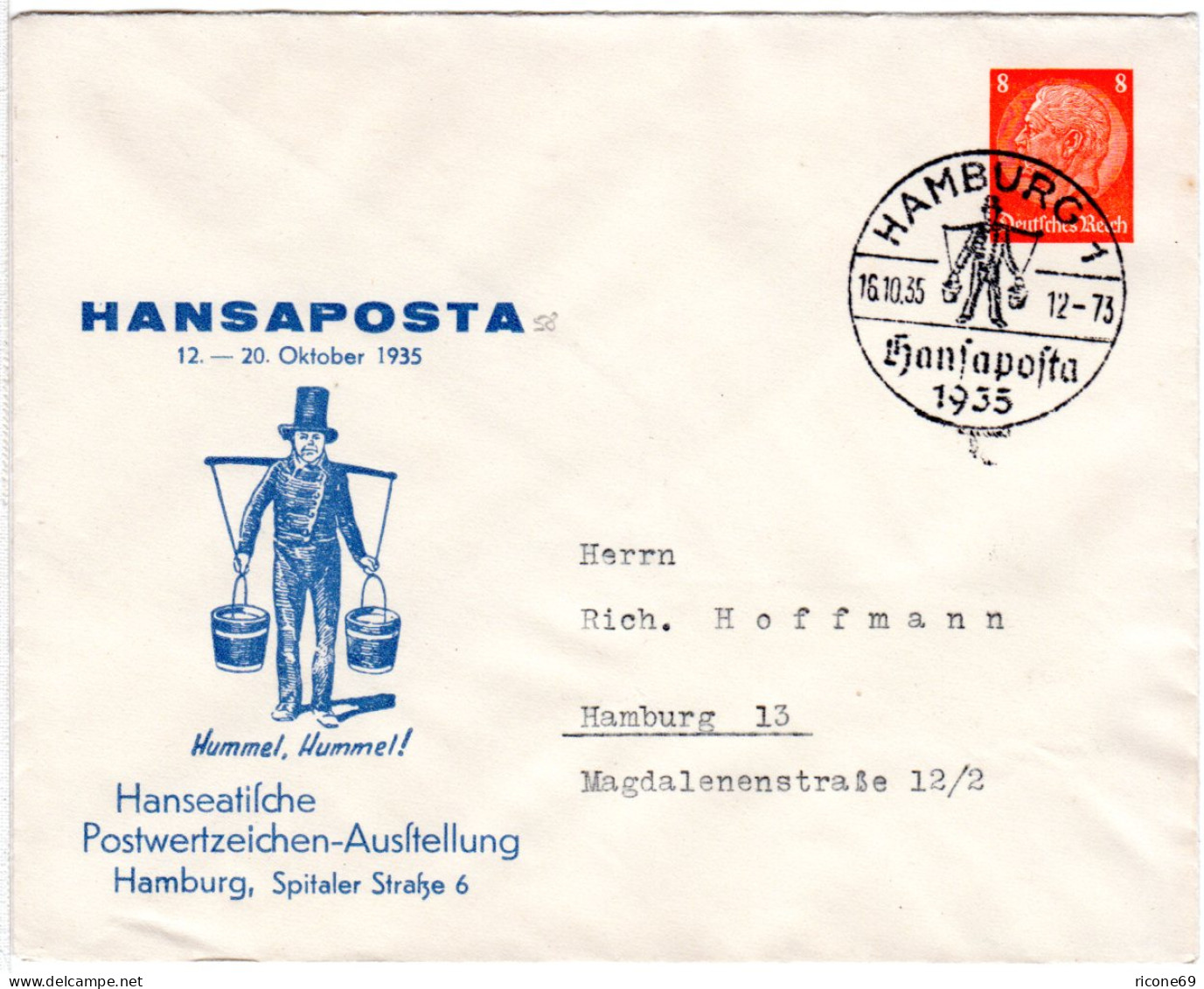 DR 1935, Gebr. 8 Pf. Privat Ganzsache Hansaposta Briefmarkenausstellung Hamburg - Autres & Non Classés