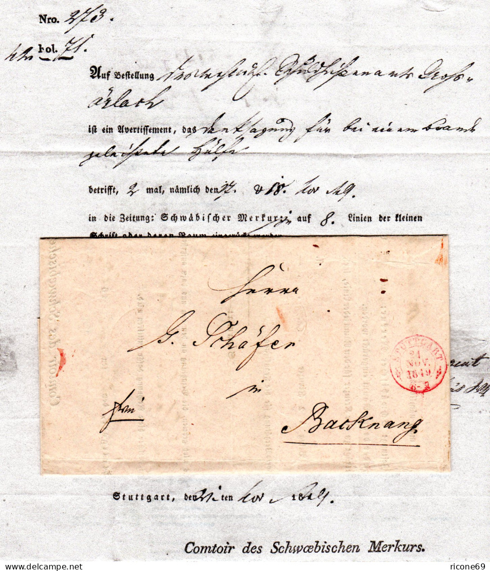 Württemberg 1849, Roter Zier-K2 Stuttgart Auf Franco Brief M. Gedrucktem Inhalt - Préphilatélie