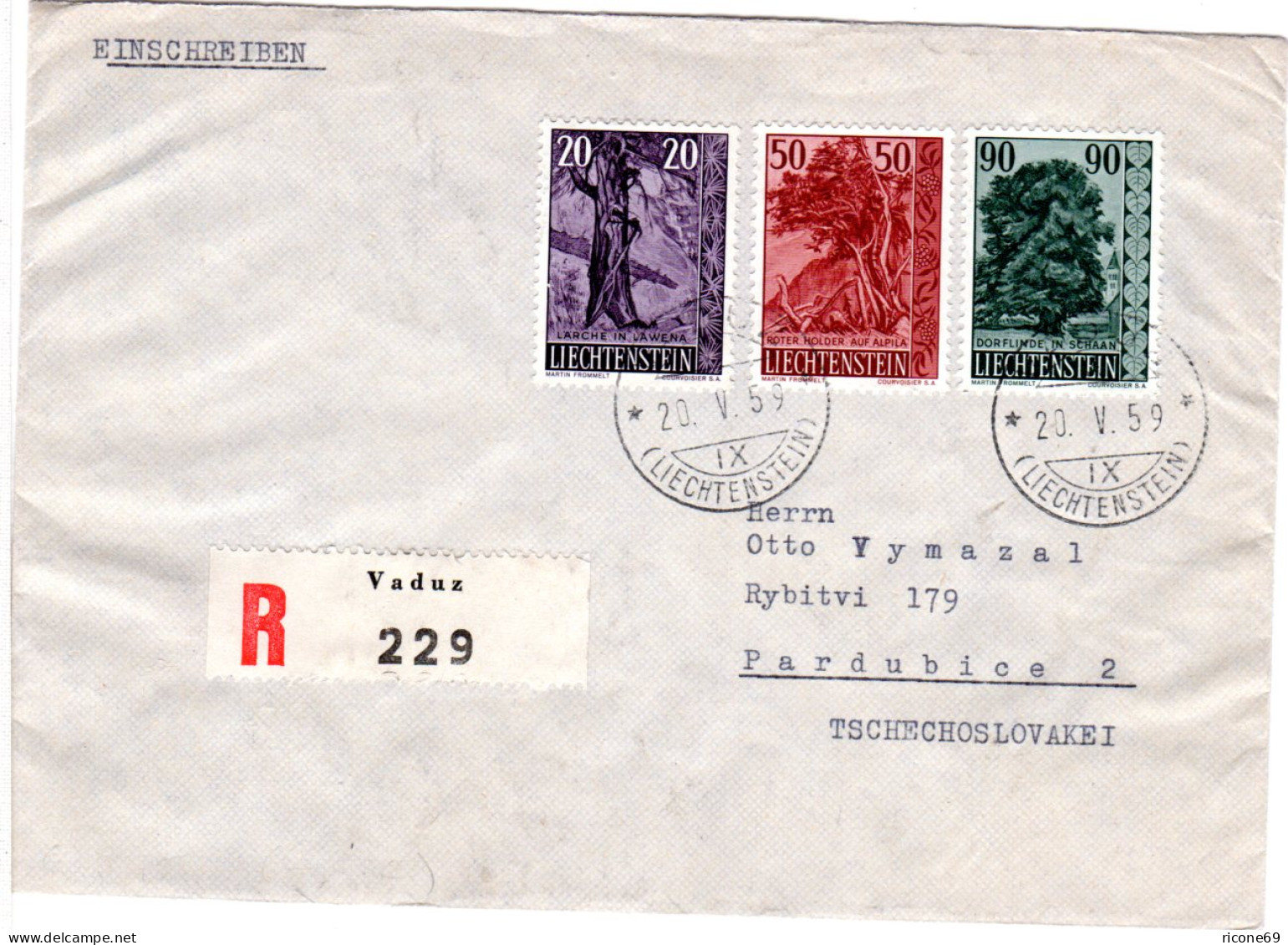 Liechtenstein 1959, 20+50+90 R. Auf Reko Brief V. Vaduz I.d. Tschechoslowakei - Other & Unclassified