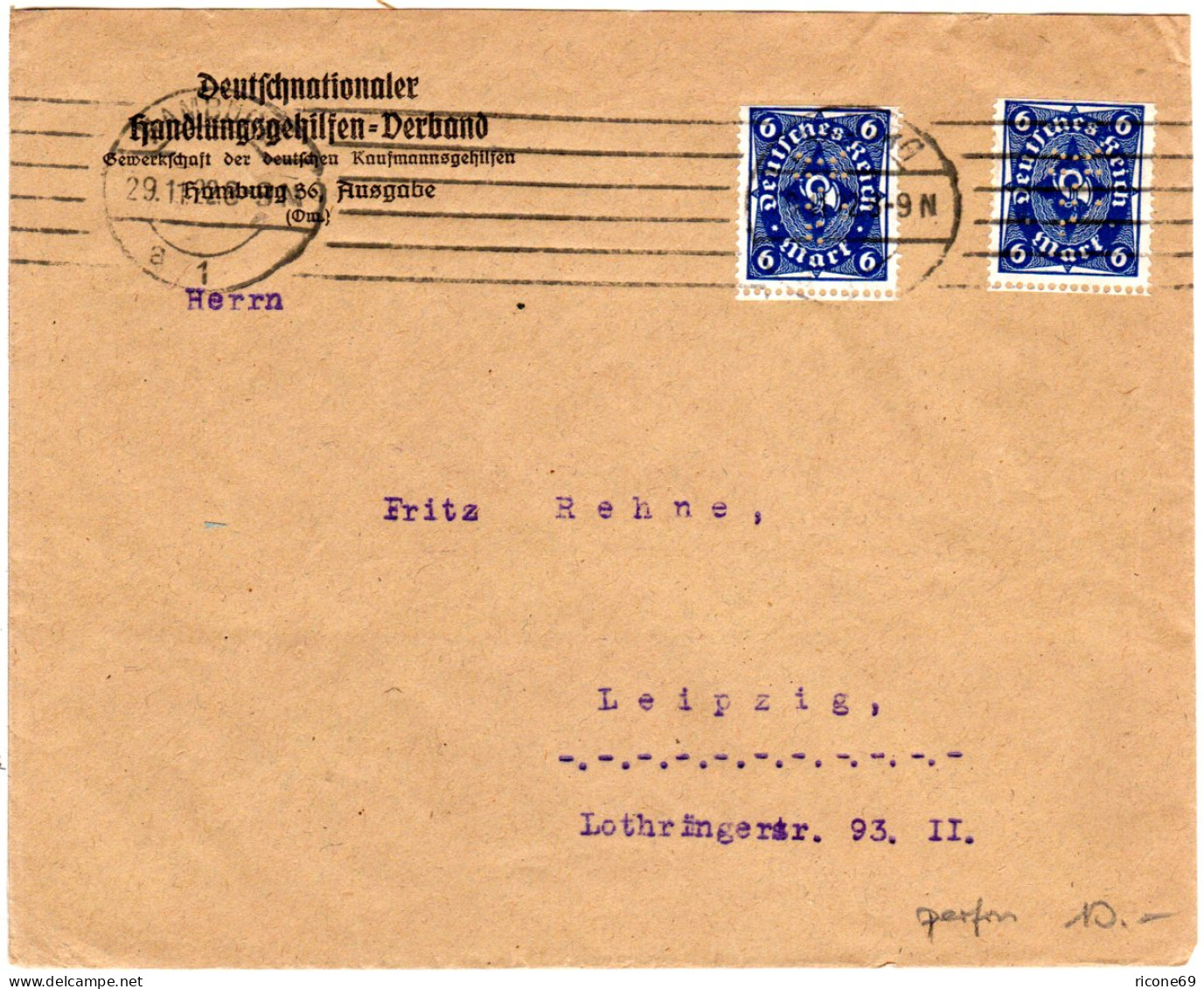 DR 1922, MeF 2x6 Mk. M. Firmenlochung Auf Brief V. Hamburg - Briefe U. Dokumente