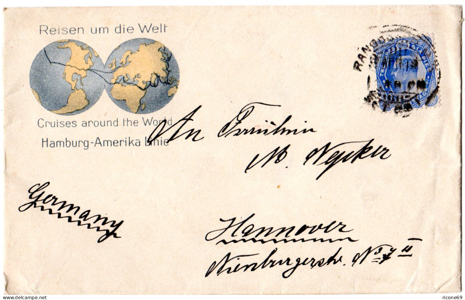 Indien 1912, 2 1/2 As. Auf Hamburg-Amerika Linie Umschlag V. Rangoon Burma - Andere & Zonder Classificatie