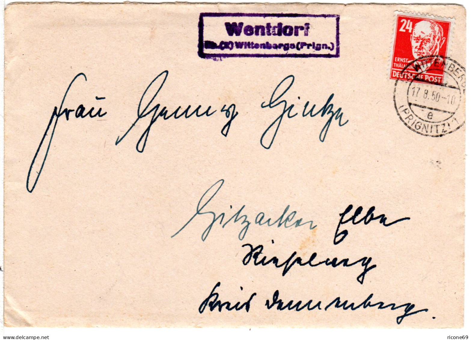 DDR 1950, Landpost Stpl. WENTDORF über Wittenberge Auf Brief M. 24 Pf. - Covers & Documents