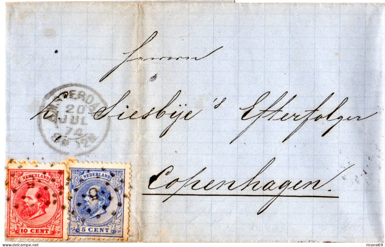 NL 1874, 5+10 C. Auf Brief V. Amsterdam N. Dänemark. - Sonstige & Ohne Zuordnung