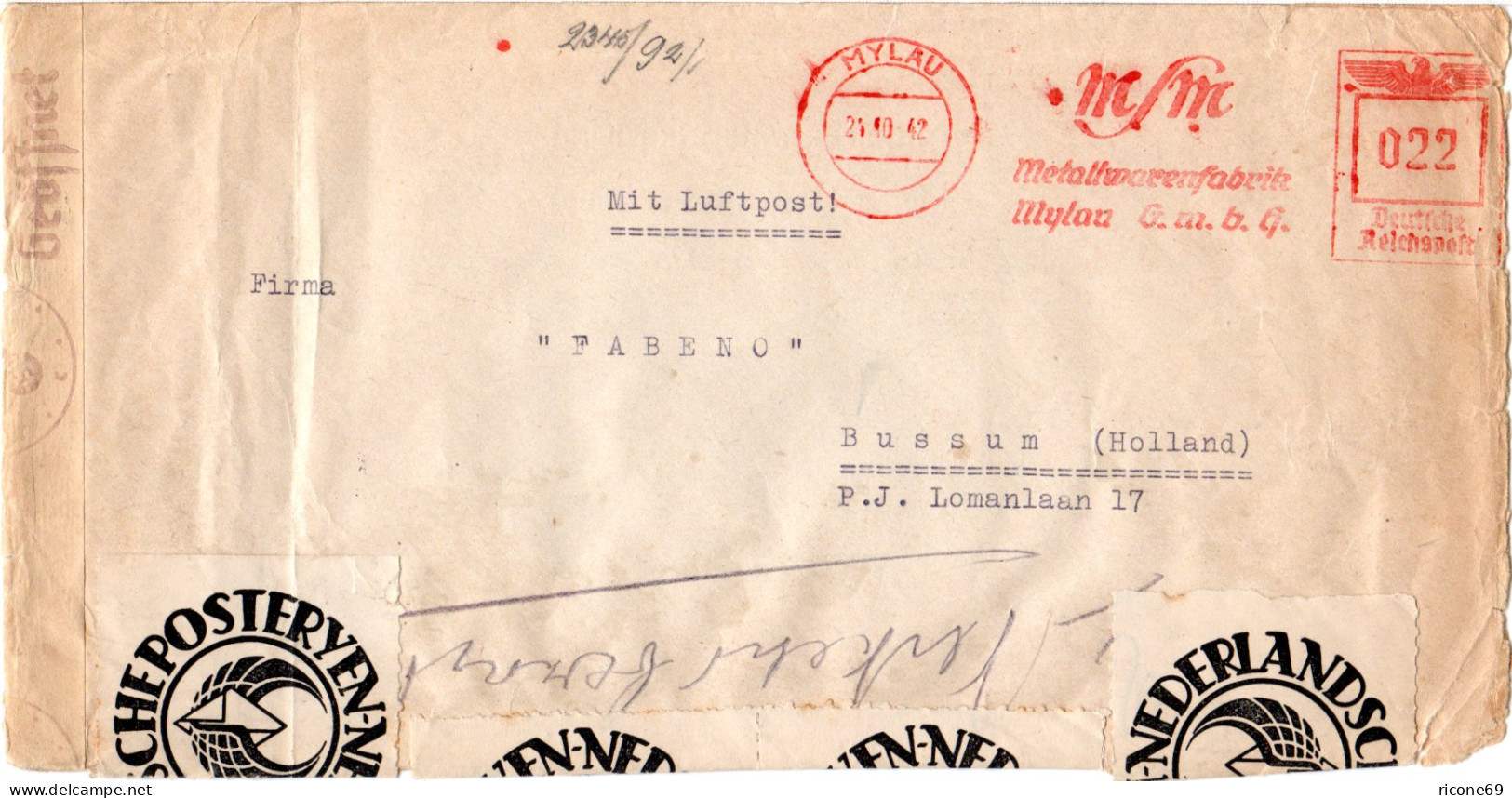 DR 1942, Luftpost Zensur Brief V. Mylau M. NL Post-Verschluss Etiketten - Briefe U. Dokumente