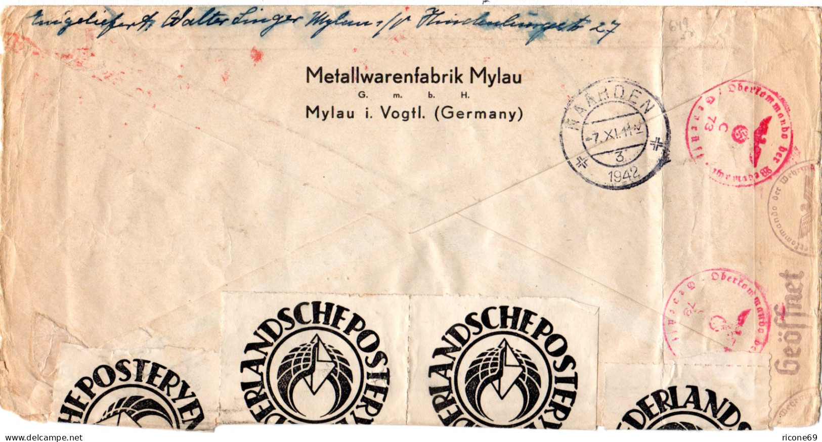 DR 1942, Luftpost Zensur Brief V. Mylau M. NL Post-Verschluss Etiketten - Lettres & Documents