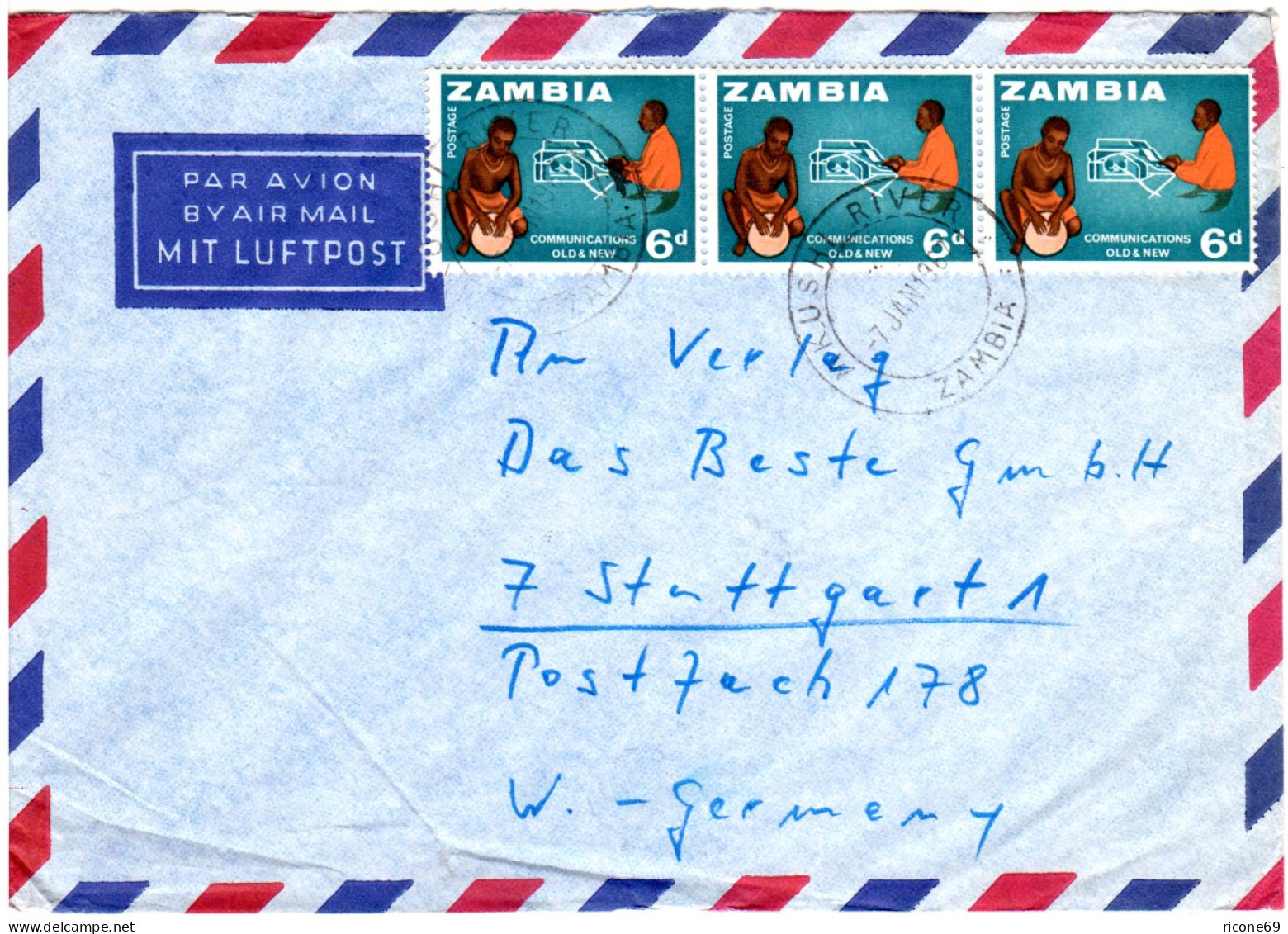 Zambia 1965, MeF 3x6d Kommunikation Auf Luftpost Brief V. Mkushi N. Deutschland - Zambie (1965-...)