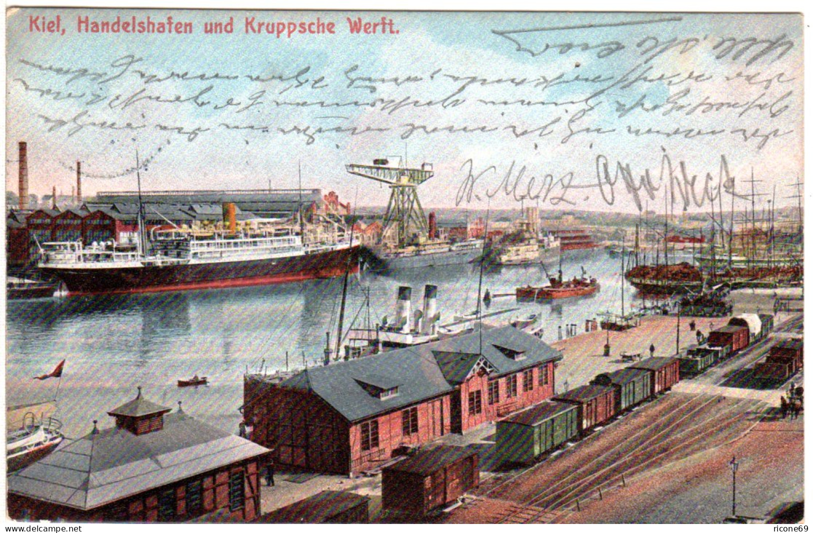 Kiel, Handelshafen U. Kruppsche Werft M. Eisenbahn, 1907 Gebr. Farb-AK - Andere & Zonder Classificatie