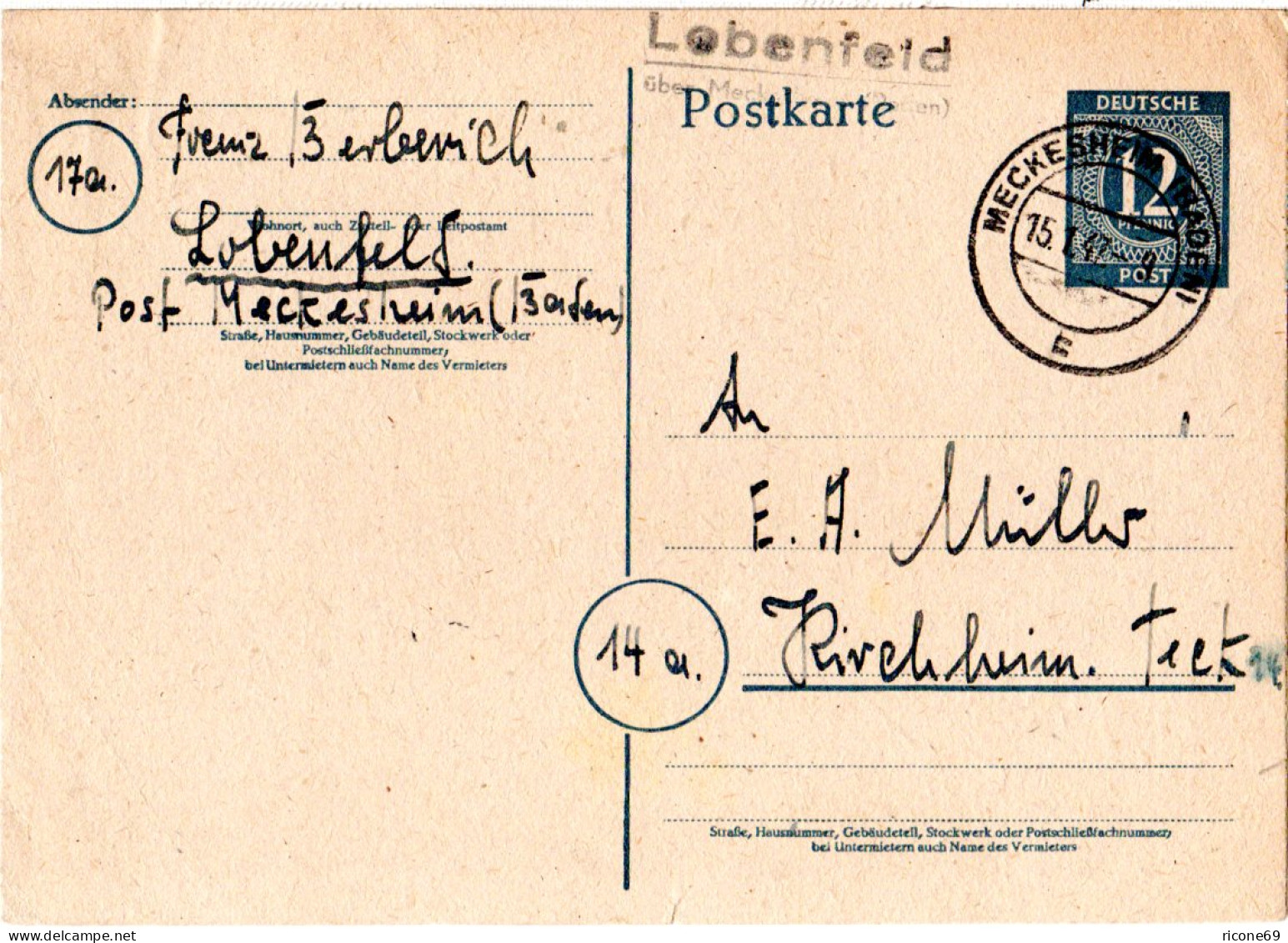 1947, Landpost Stpl. LOBENFELD über Meckesheim Auf 12 Pf. Ganzsache - Autres & Non Classés