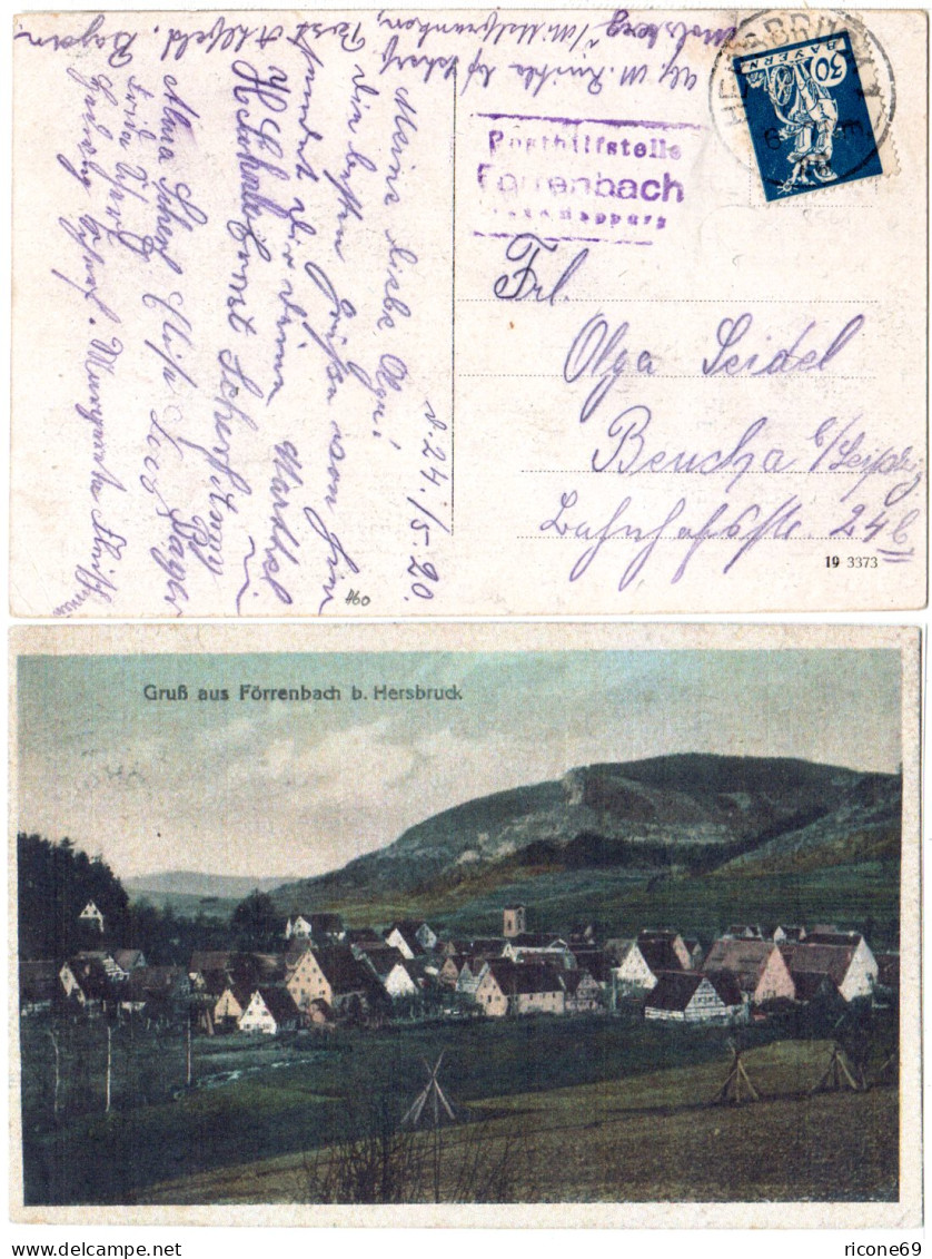 Bayern 1920, Posthilfstelle FÖRRENBACH Taxe Happurg Auf Gruss Aus Farb-AK  - Storia Postale