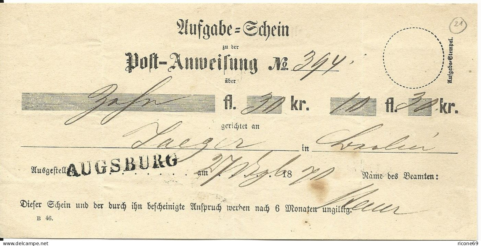 Bayern 1870, L1 Augsburg Auf Postschein F. Eine Postanweisung - Cartas & Documentos