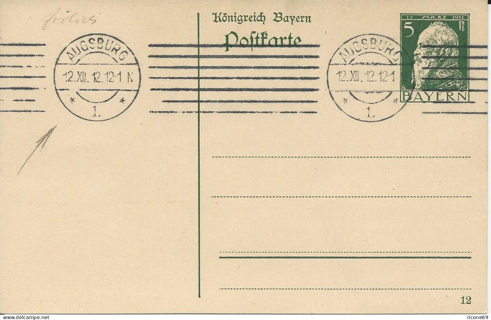 Bayern, 12.12.12 12-1 N, Datumskuriosum Maschinenstpl. V. Augsburg Auf Ganzsache - Briefe U. Dokumente