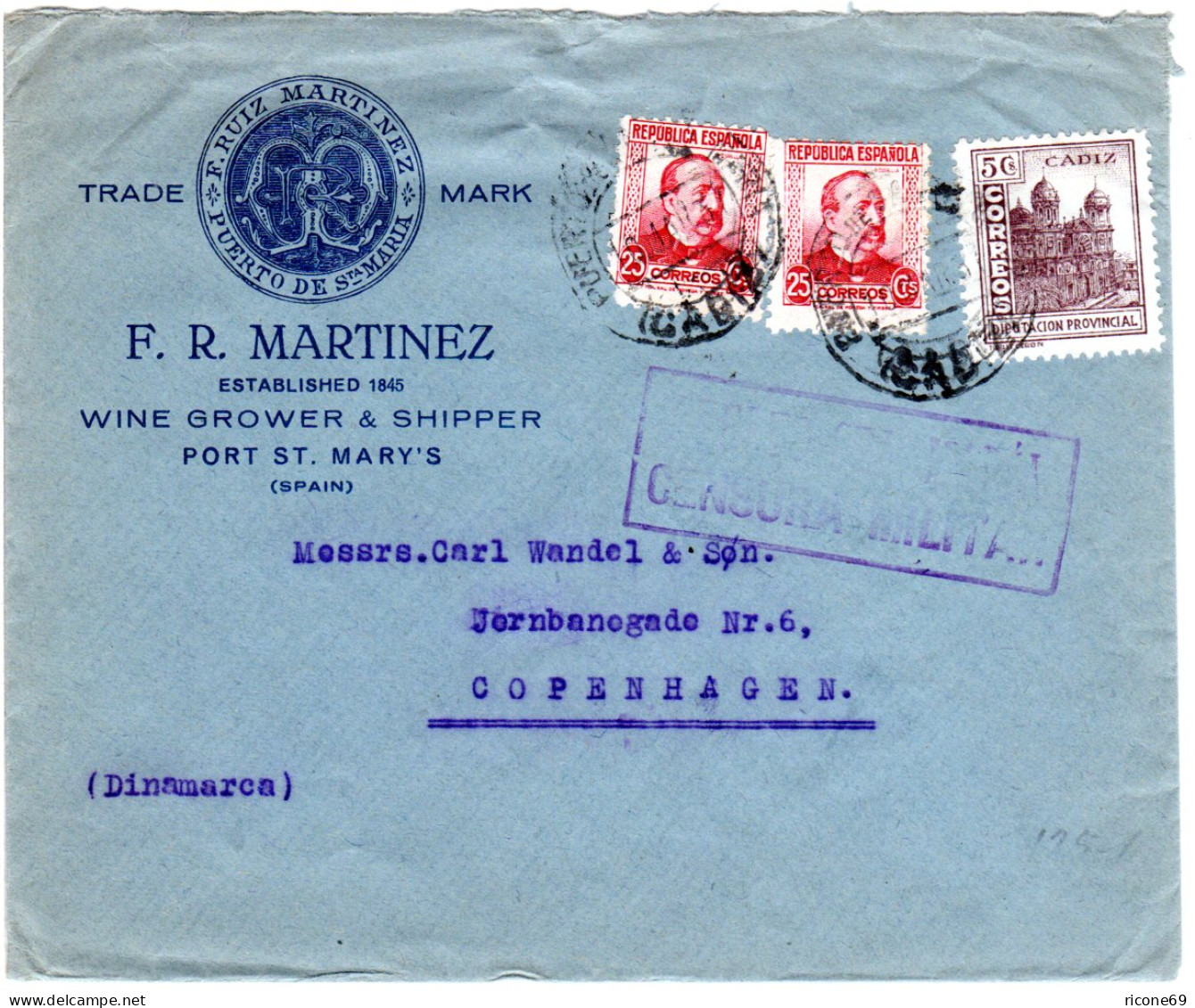 Spanien 1937, 3 Marken Auf Illustriertem Zensur Brief V. Cadiz N. Dänemark - Cartas & Documentos