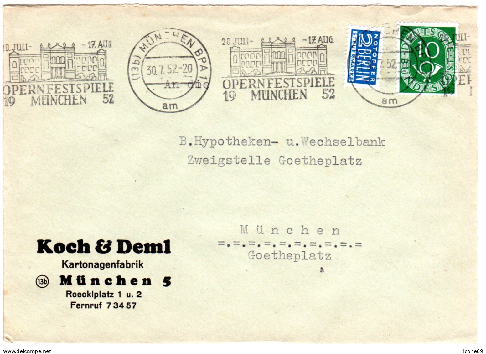 BRD 1952, OPERNFESTSPIELE MÜNCHEN, Maschinen-Sonderstpl. Auf Brief M. 10 Pf. - Briefe U. Dokumente