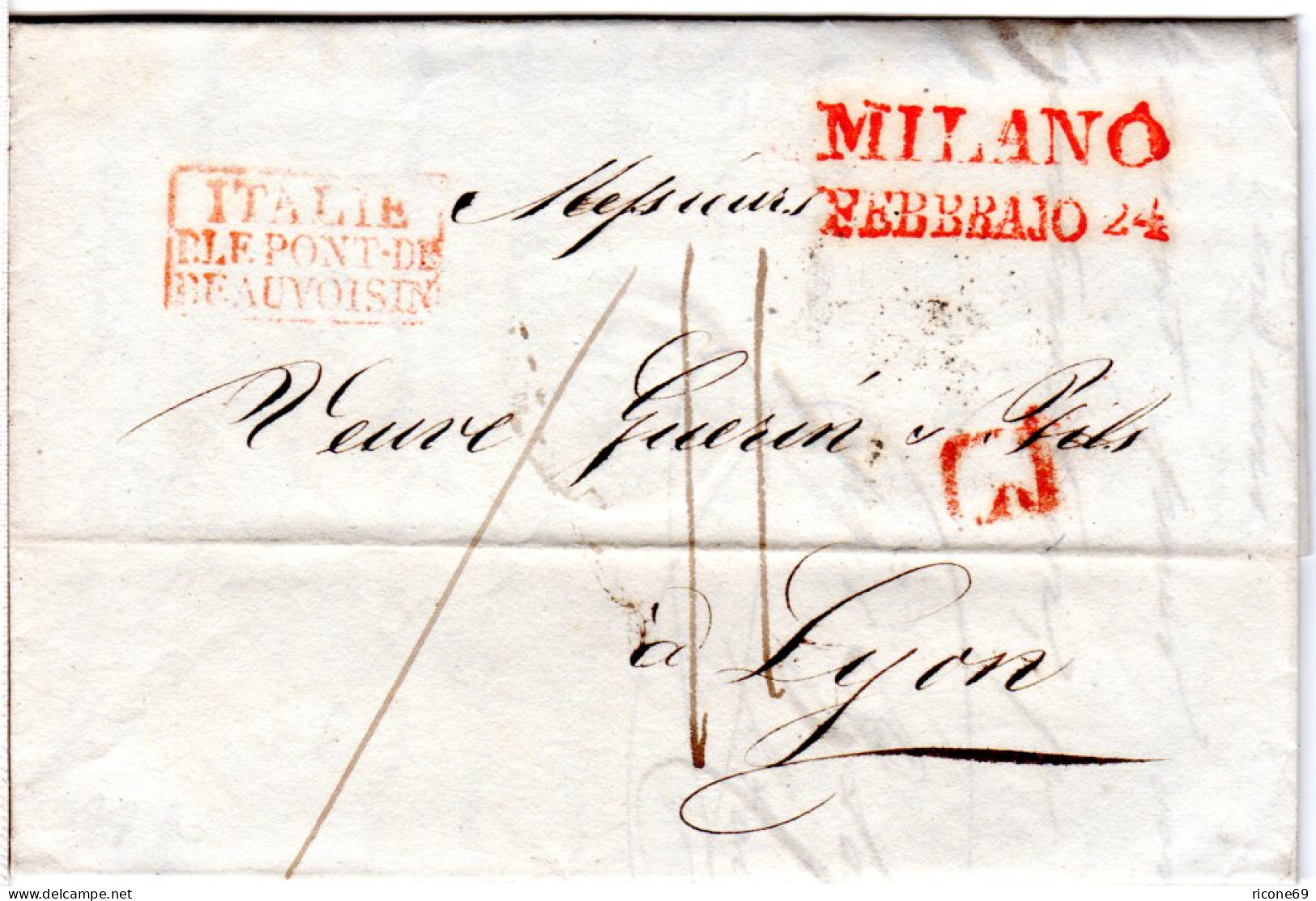Lombardei 1836, Rote L2 MILANO U. L I Auf Brief N. Frankreich - Ohne Zuordnung