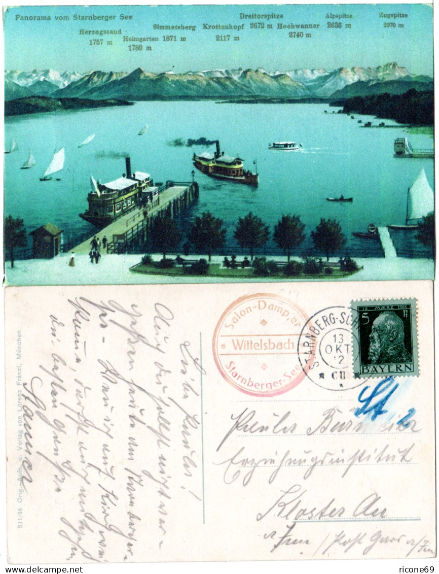 Bayern 1912, K2 Starnberg Schiffspost C II U. Dampfer Cachet Auf Farb-AK M. 5 Pf - Brieven En Documenten