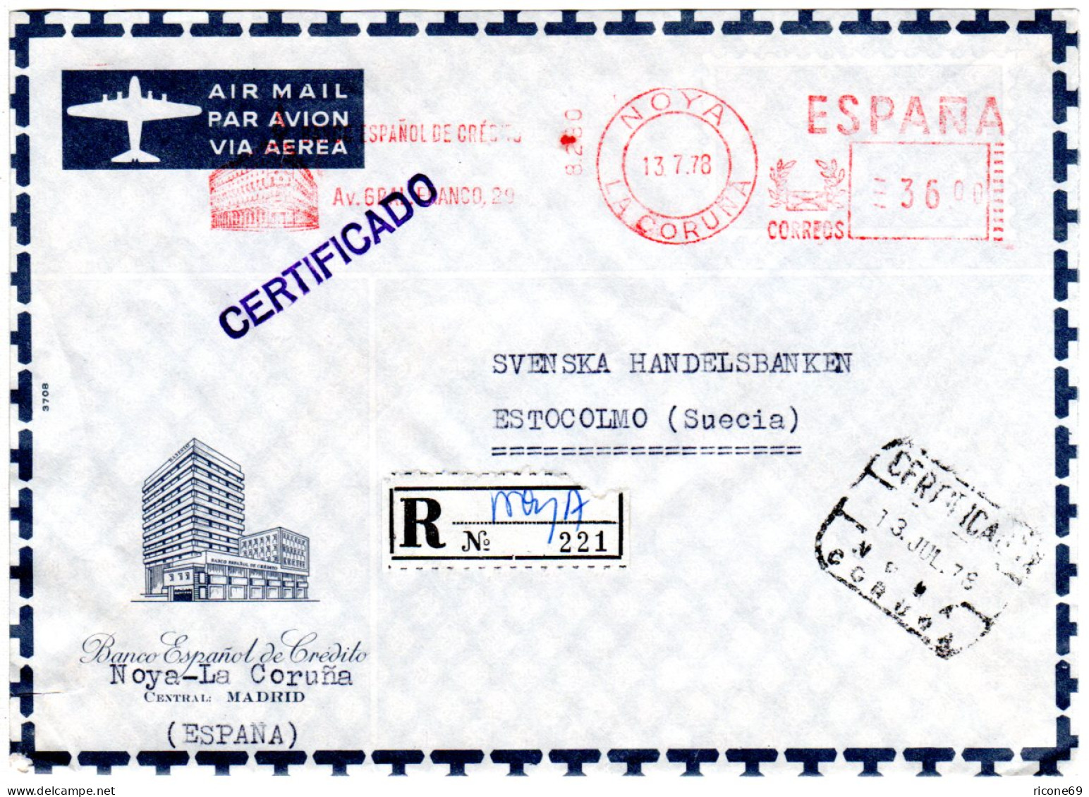 Spanien 1978, Banco Espanol De Credito Reko Luftpost Brief V. Noya N. Schweden - Monedas