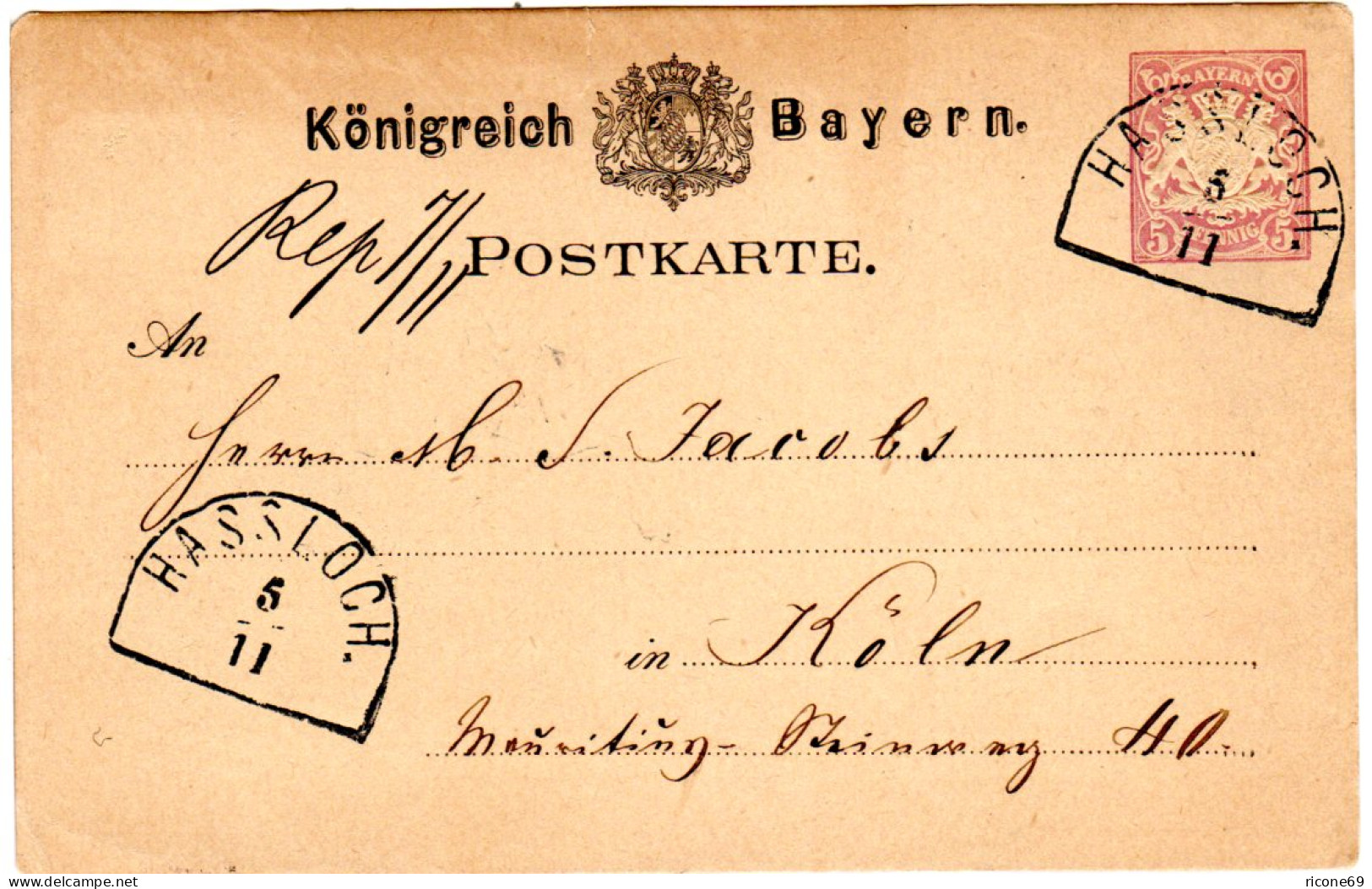 Bayern 1882, Pfalz-HKS HASSLOCH Klar Auf 5 Pf. Ganzsache. - Covers & Documents