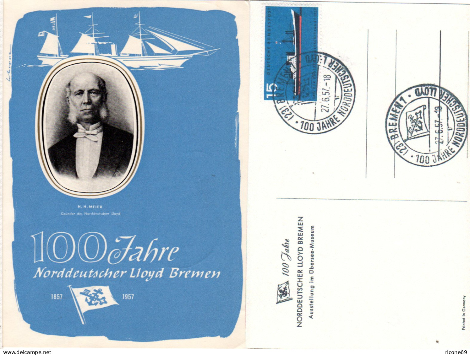 BRD 1957, 100 Jahre Norddt. Lloyd Bremen, Schiff AK M. Entsprechendem Sonderstpl - Storia Postale