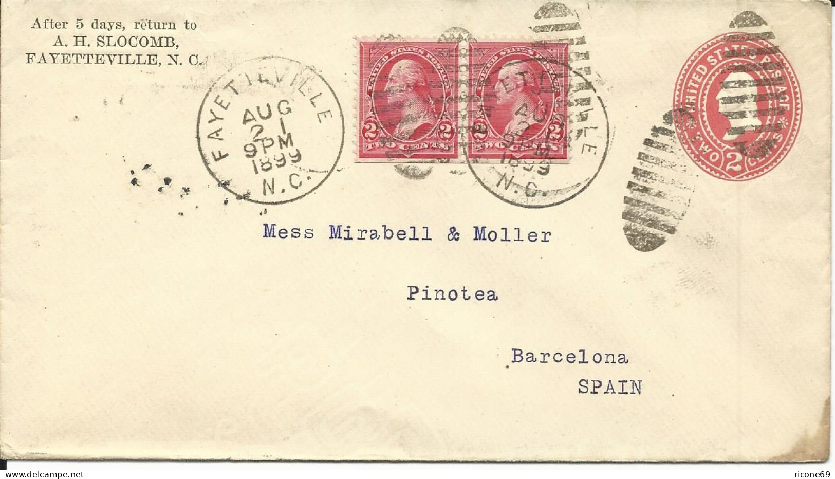 USA 1899, Pair 2C. On 2 C. Stationery Envelope From FAYETTEVILLE N.C. To Spain. - Sonstige & Ohne Zuordnung