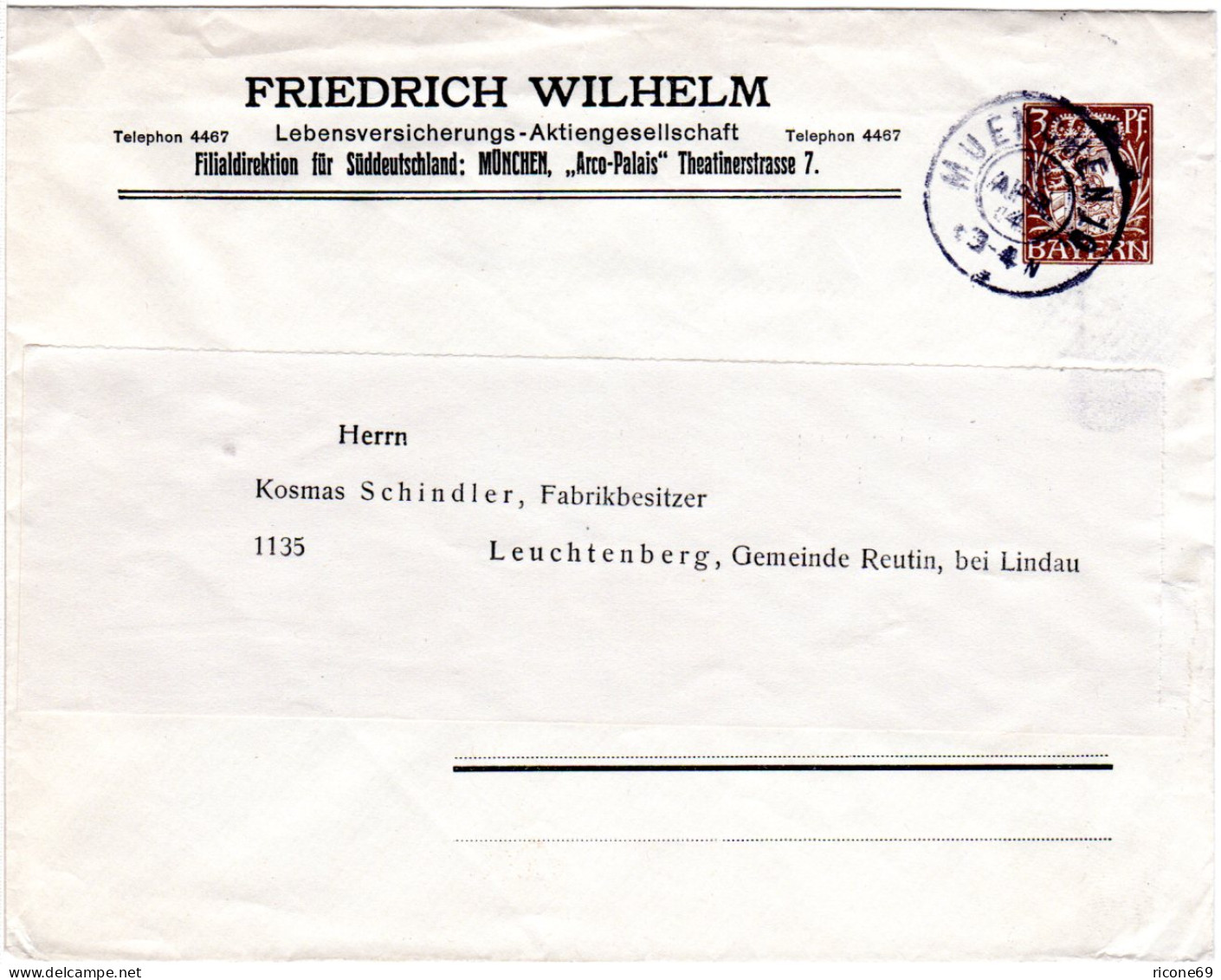 Bayern 1914, 3 Pf. F. Wilhelm Privat Ganzsache Brief, Gebr. V. K2 München 10 - Covers & Documents