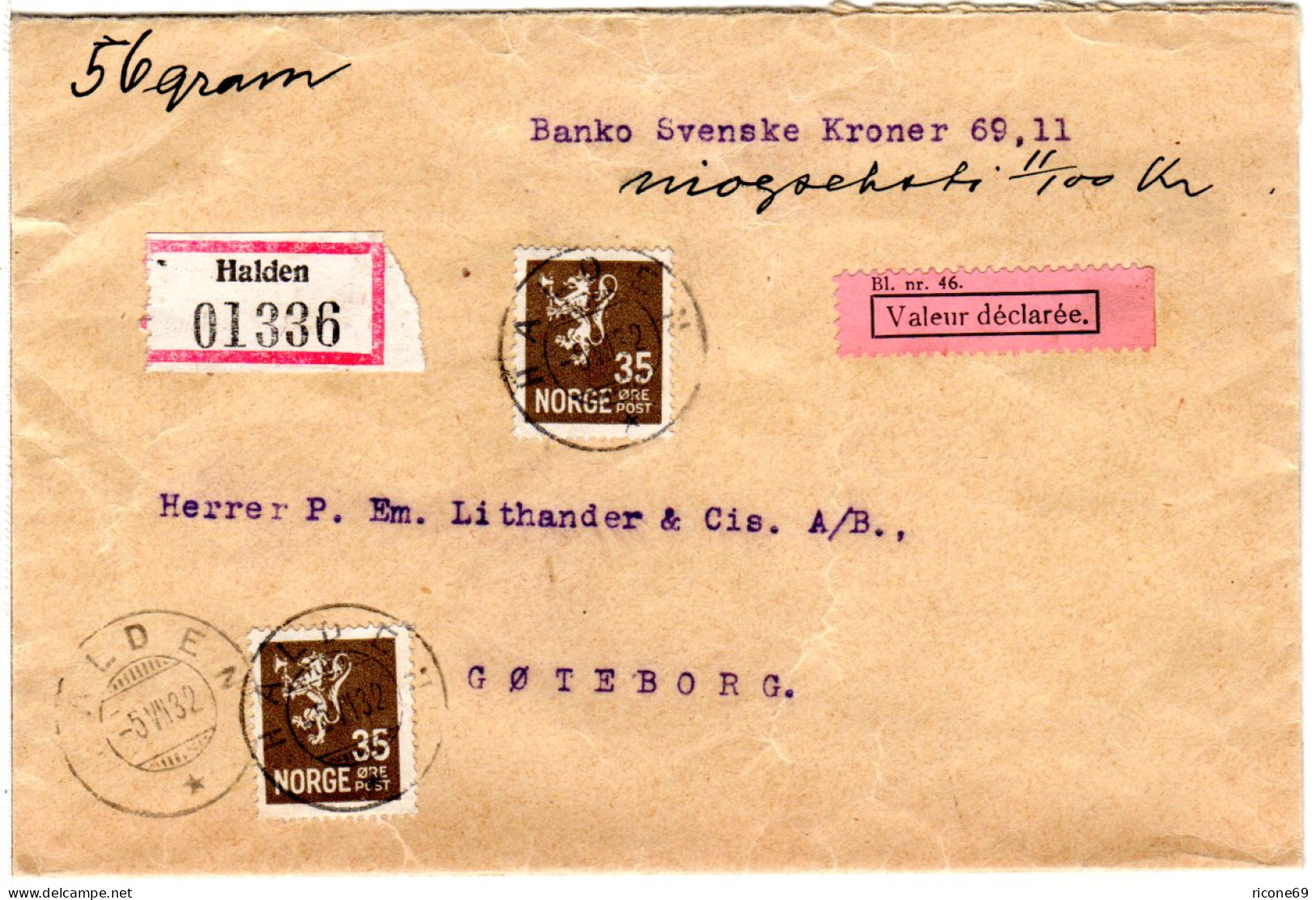 Norwegen 1932, MeF 2x35 öre Auf Wert Brief V. Halden N. Schweden. - Covers & Documents