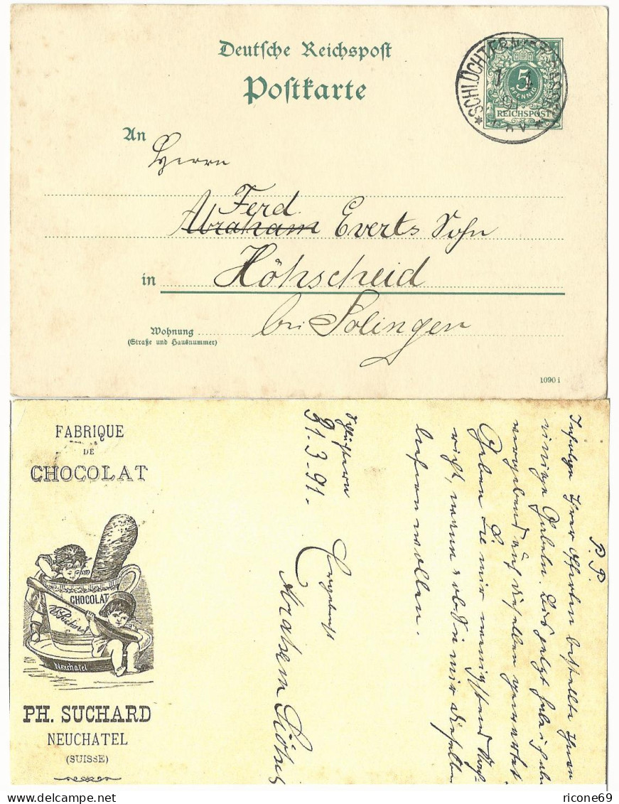 DR 1891, 5 Pf. Privat Ganzsache Chocolat Suchard, Gebr. V. Schlüchtern - Cartas & Documentos