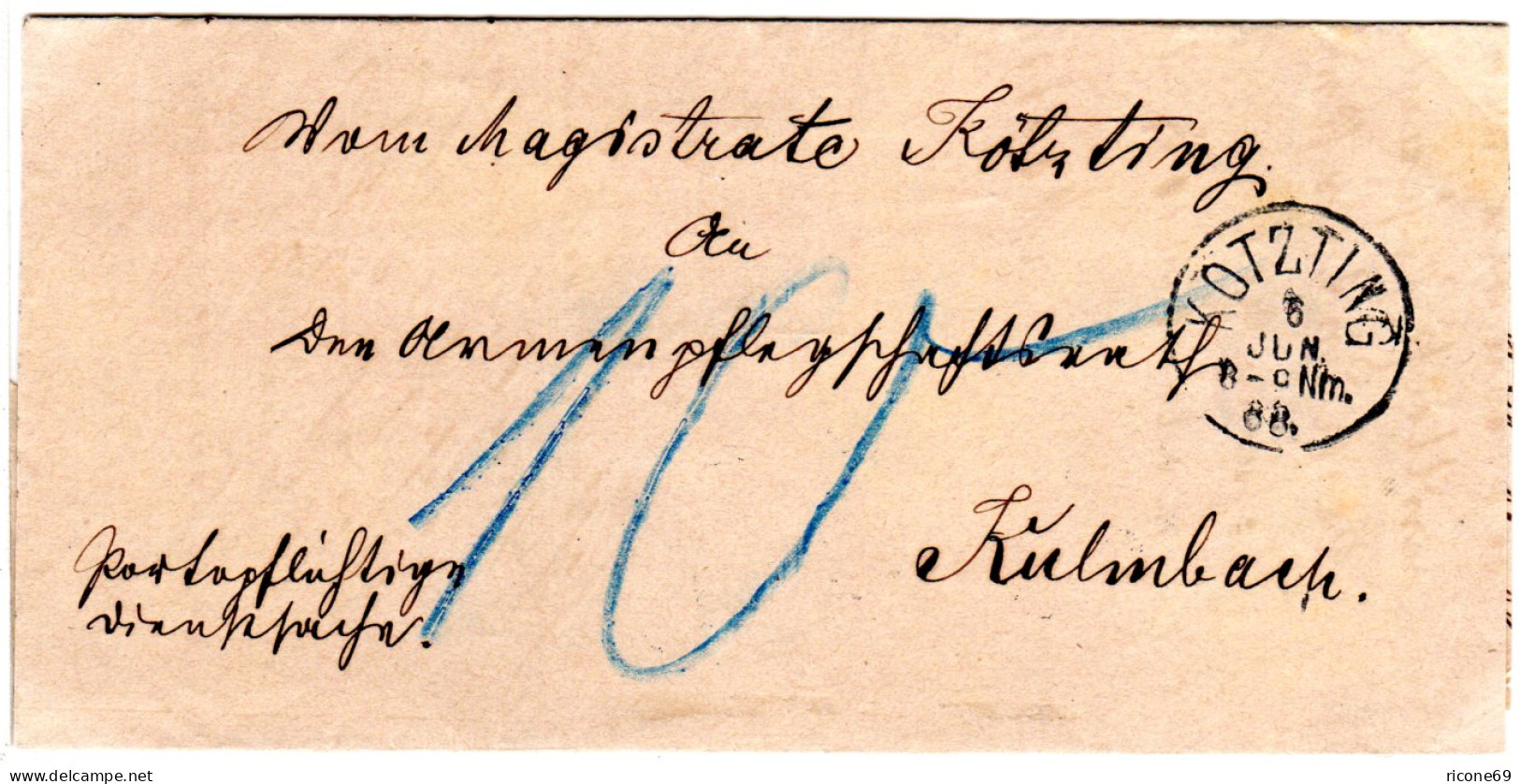 Bayern 1888, K1 KÖTZTING Auf Porto Brief N. Kulmbach. - Storia Postale