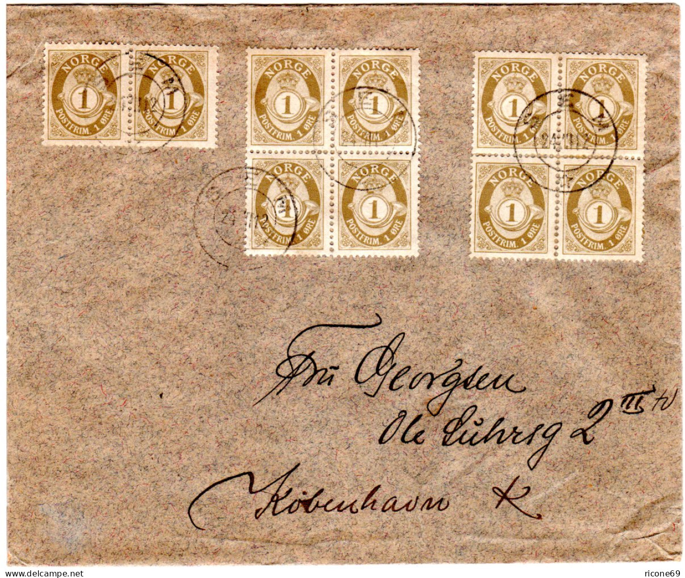 Norwegen 1912, 2 Vierblöcke U. Paar 1 öre Auf Brief V. SEM N. Dänemark. - Storia Postale