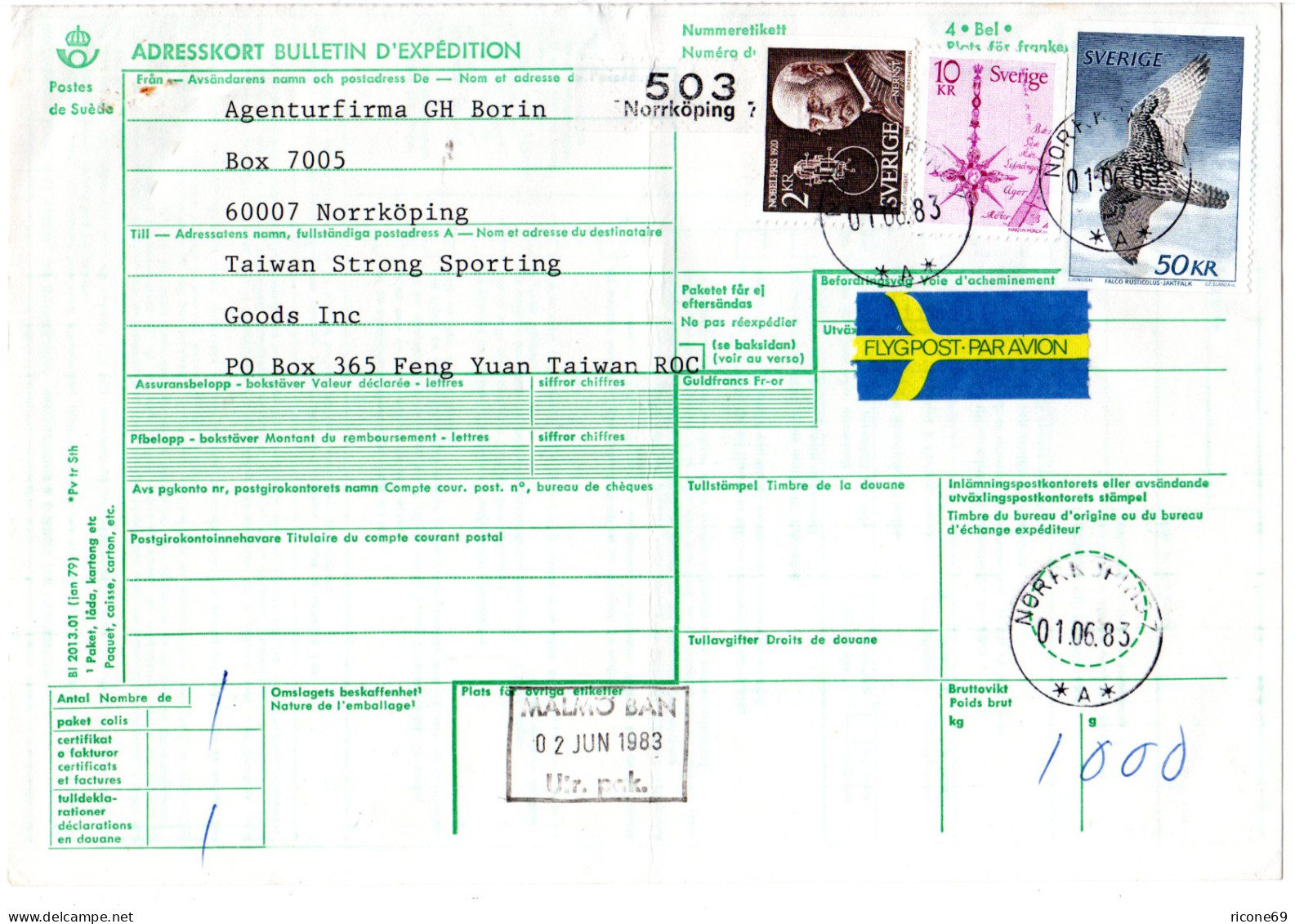 Schweden 1983, 50+10+2 Kr. Auf Luftpost Paketkarte V. Norrköping N. Taiwan - Storia Postale